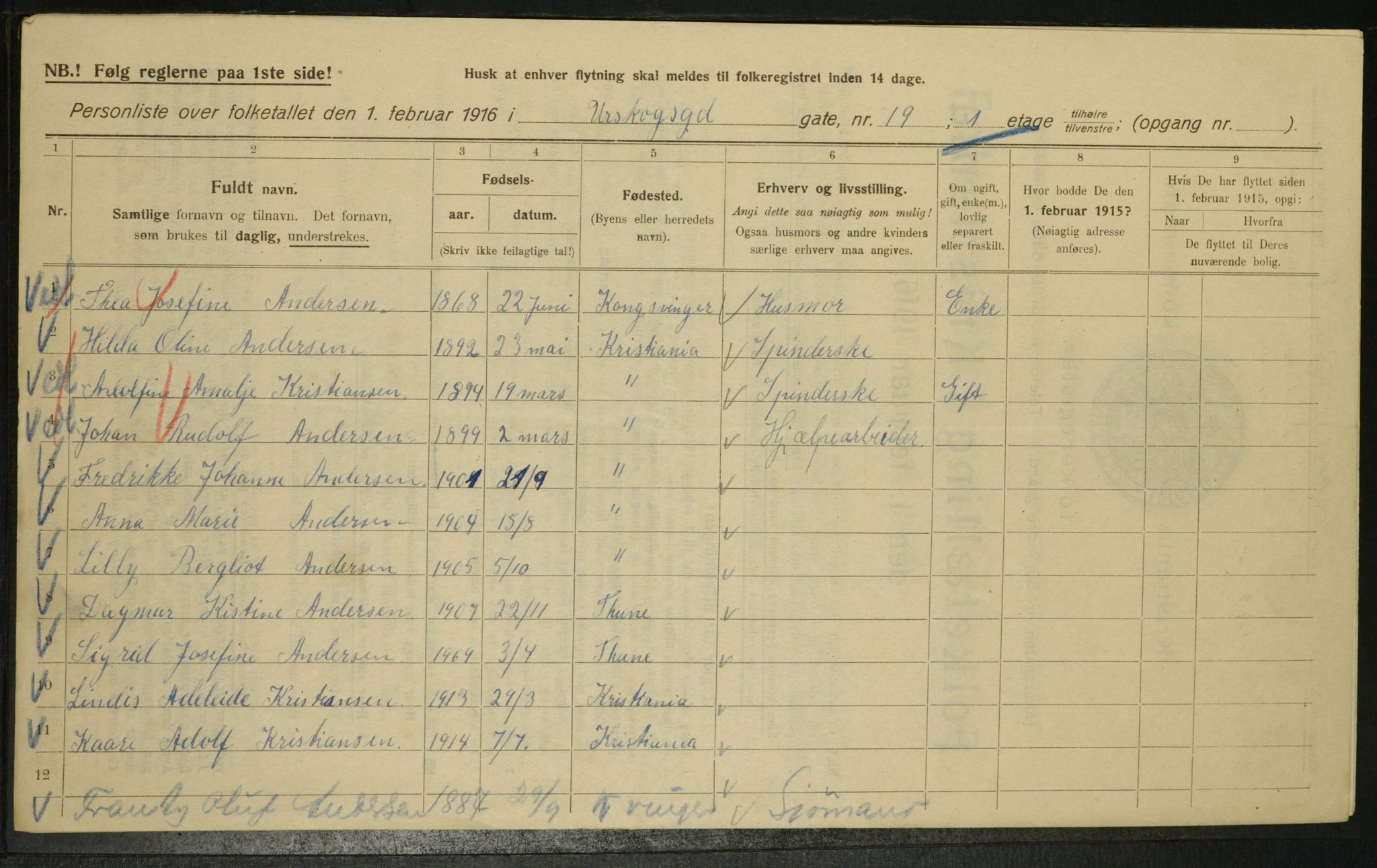 OBA, Municipal Census 1916 for Kristiania, 1916, p. 2715