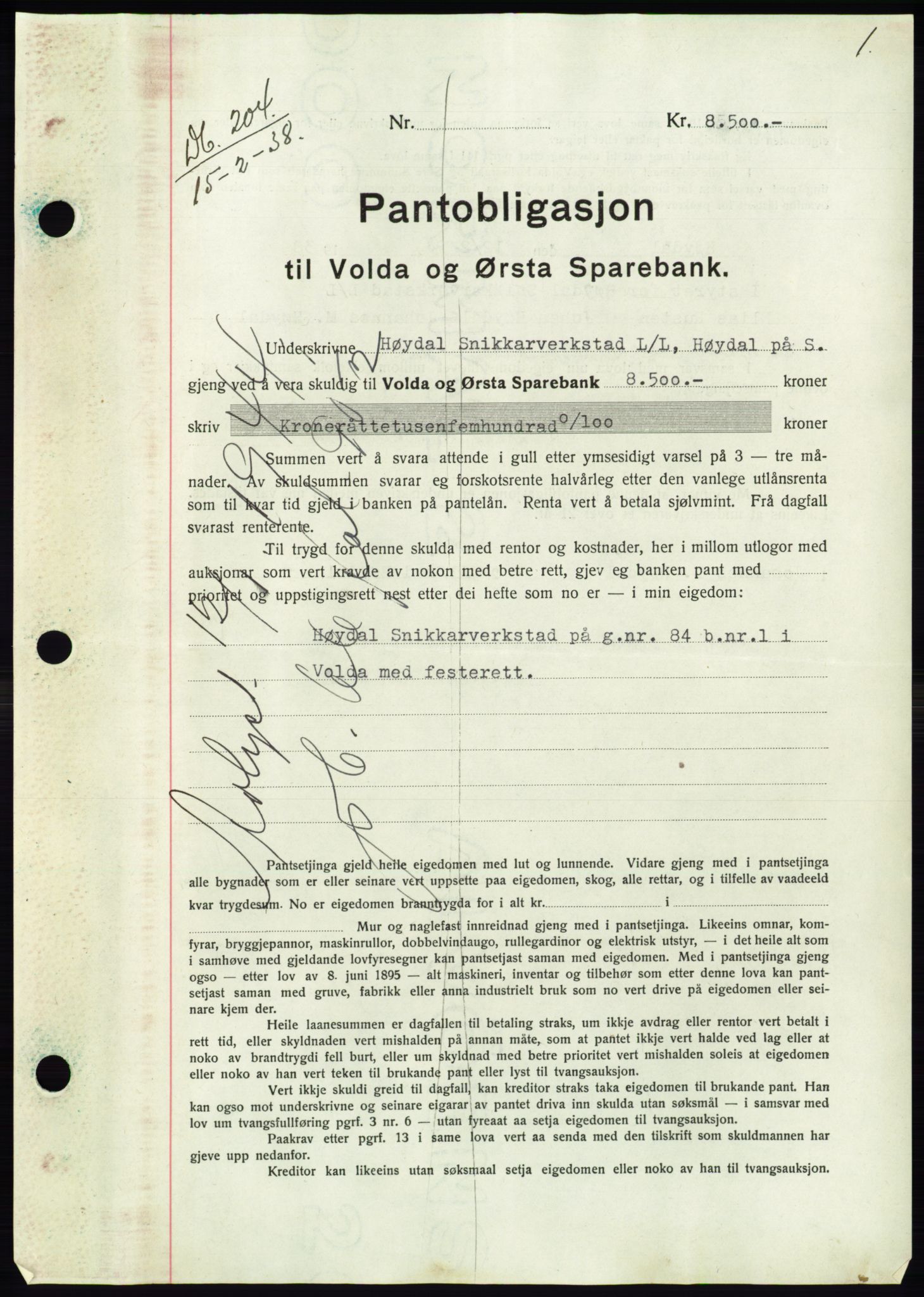 Søre Sunnmøre sorenskriveri, AV/SAT-A-4122/1/2/2C/L0065: Mortgage book no. 59, 1938-1938, Diary no: : 204/1938