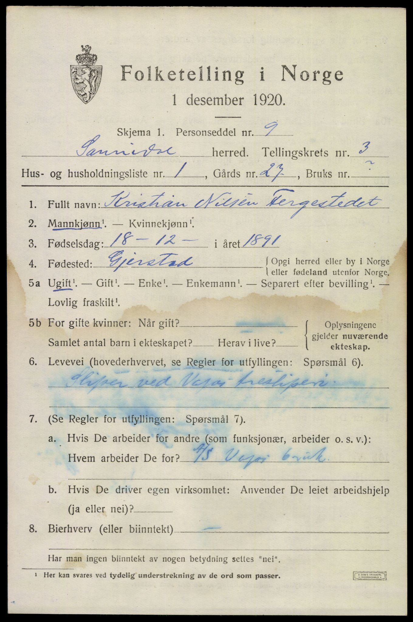 SAKO, 1920 census for Sannidal, 1920, p. 2185
