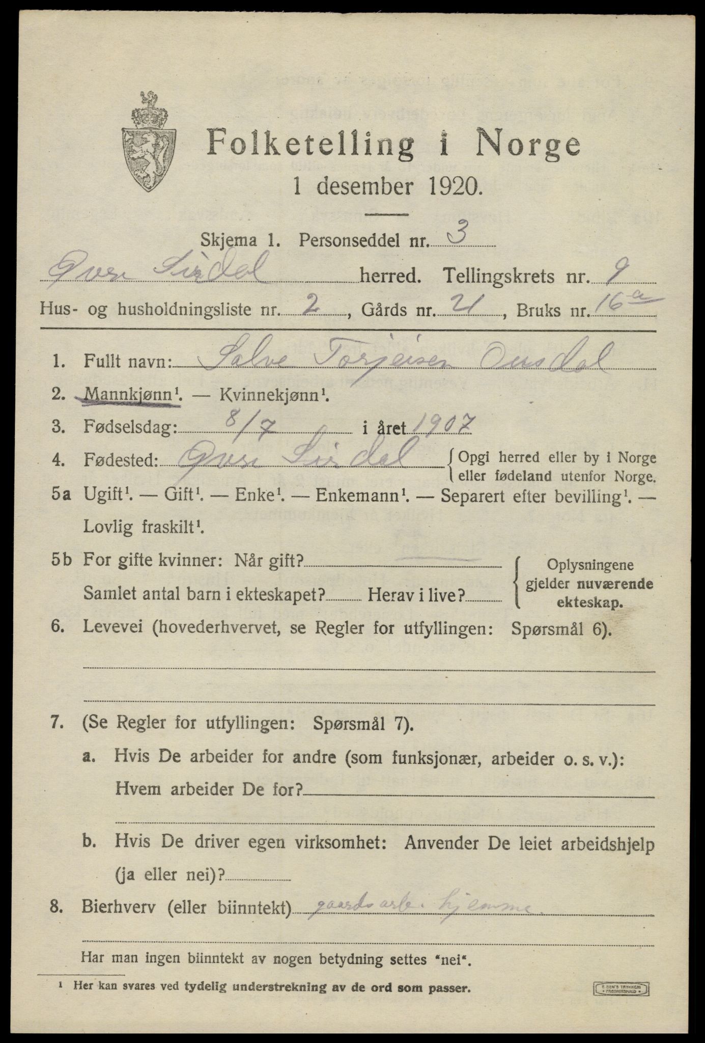 SAK, 1920 census for Øvre Sirdal, 1920, p. 1503