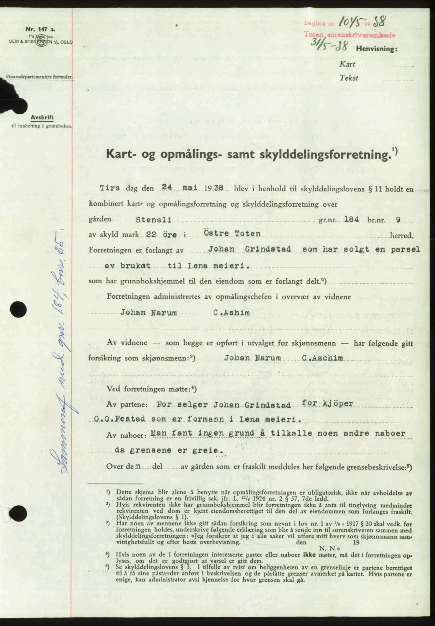 Toten tingrett, SAH/TING-006/H/Hb/Hbc/L0004: Mortgage book no. Hbc-04, 1938-1938, Diary no: : 1045/1938