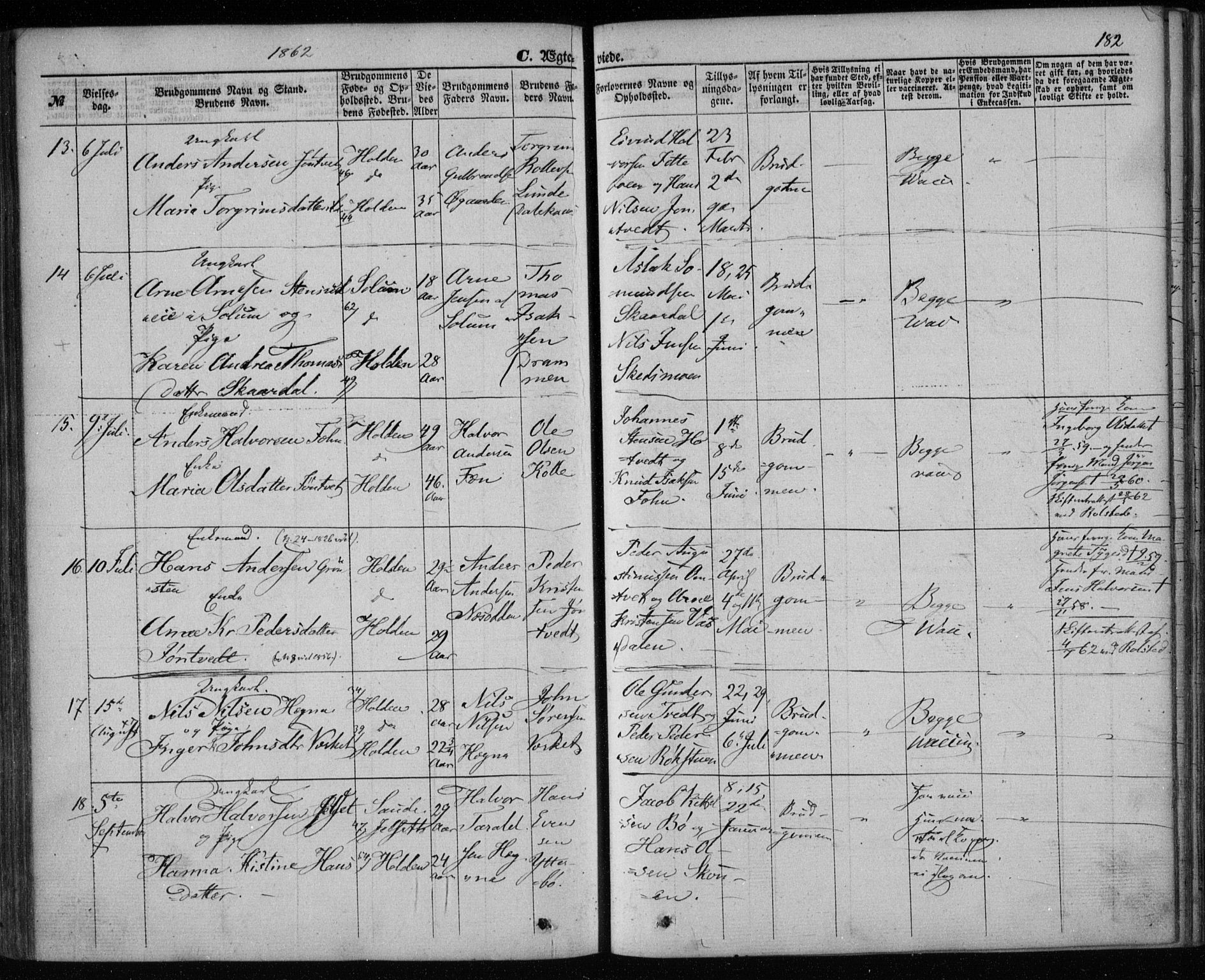 Holla kirkebøker, AV/SAKO-A-272/F/Fa/L0006: Parish register (official) no. 6, 1861-1869, p. 182