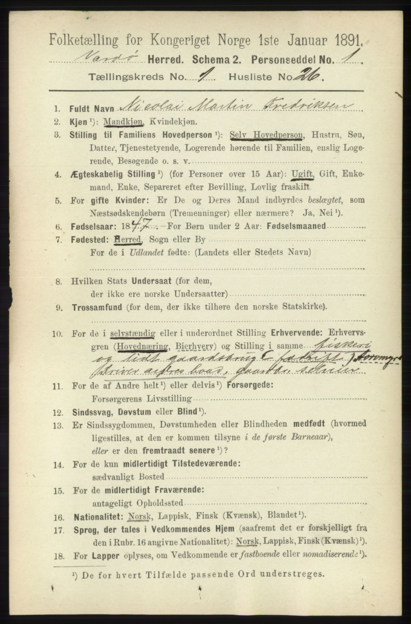 RA, 1891 census for 2028 Vardø, 1891, p. 196