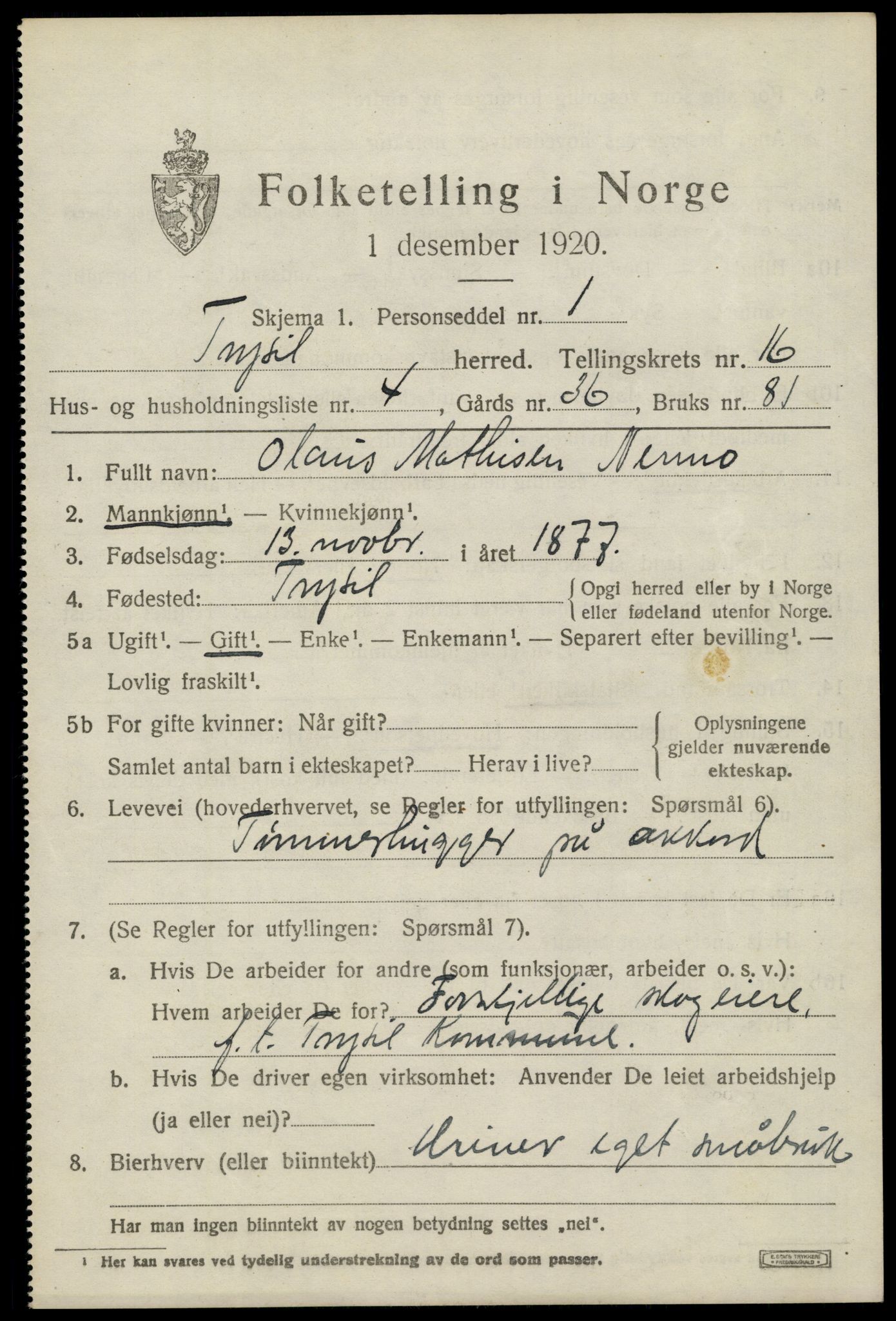 SAH, 1920 census for Trysil, 1920, p. 9467