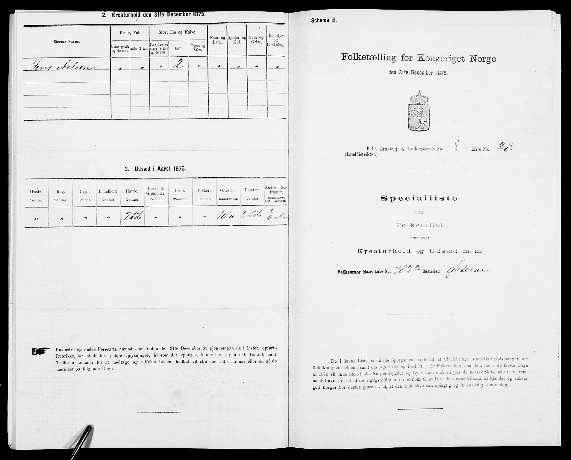 SAK, 1875 census for 0914L Holt/Holt, 1875, p. 1036