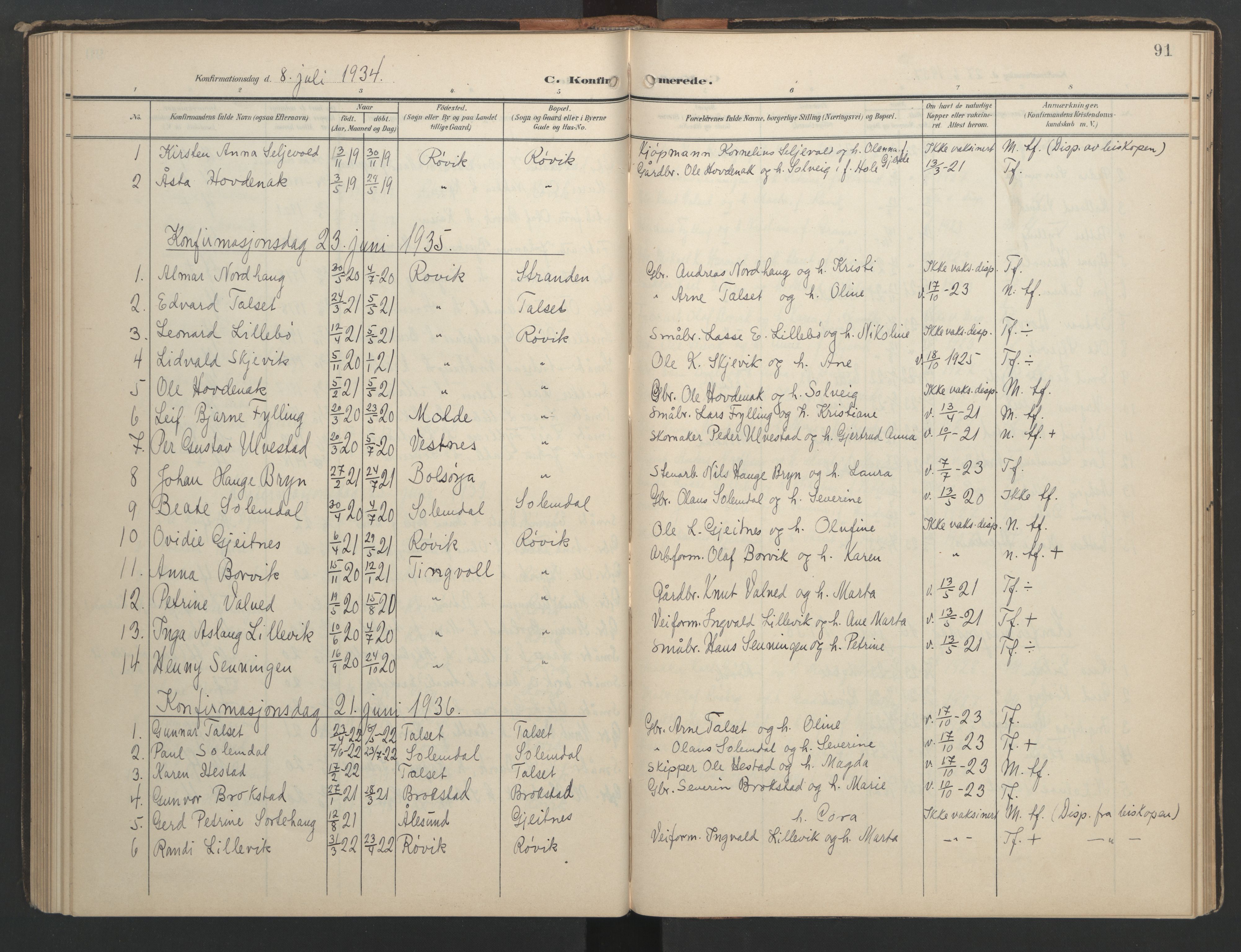 Ministerialprotokoller, klokkerbøker og fødselsregistre - Møre og Romsdal, AV/SAT-A-1454/556/L0677: Parish register (copy) no. 556C01, 1907-1953, p. 91