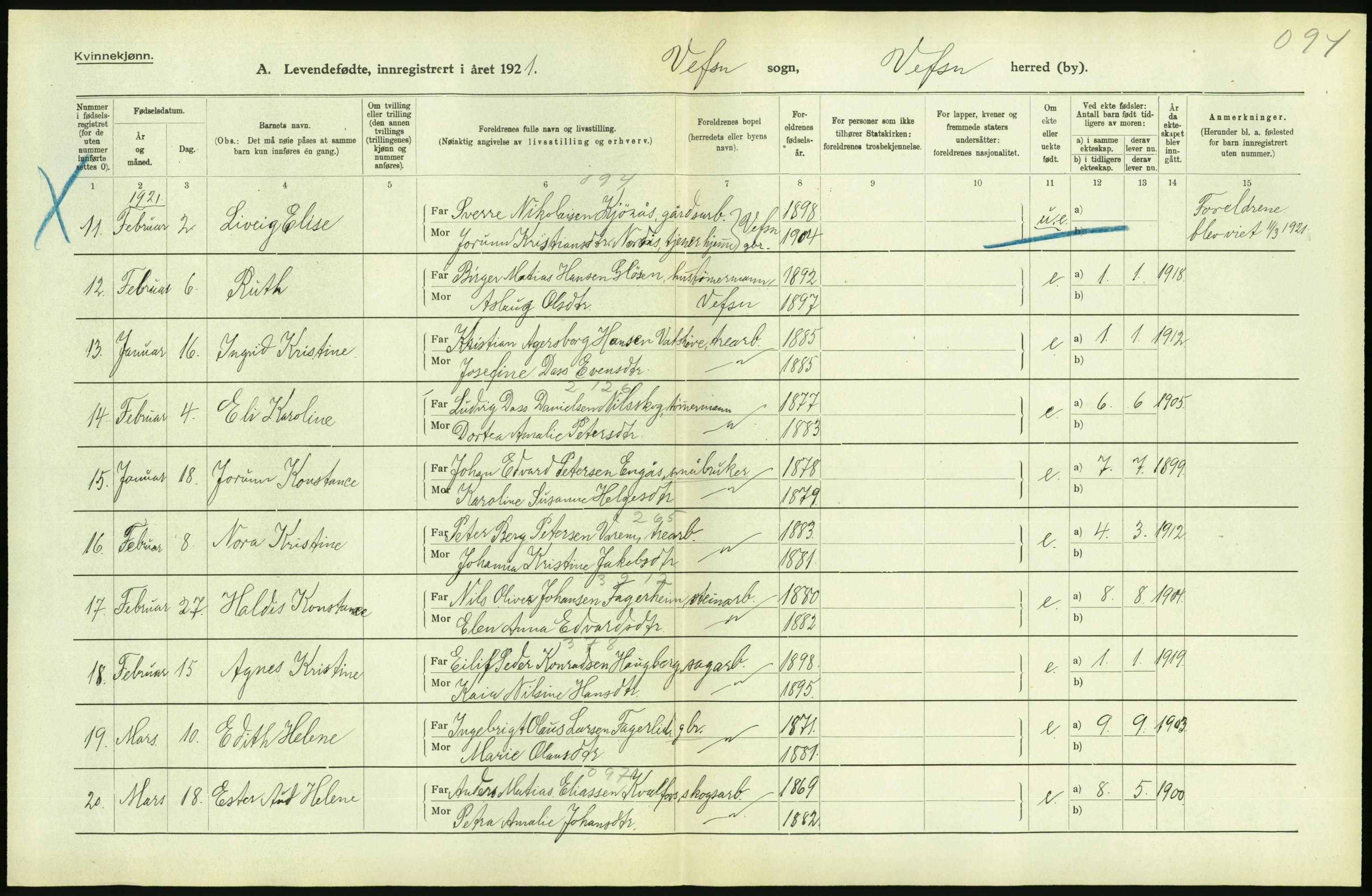 Statistisk sentralbyrå, Sosiodemografiske emner, Befolkning, AV/RA-S-2228/D/Df/Dfc/Dfca/L0049: Nordland fylke: Levendefødte menn og kvinner. Bygder., 1921, p. 58