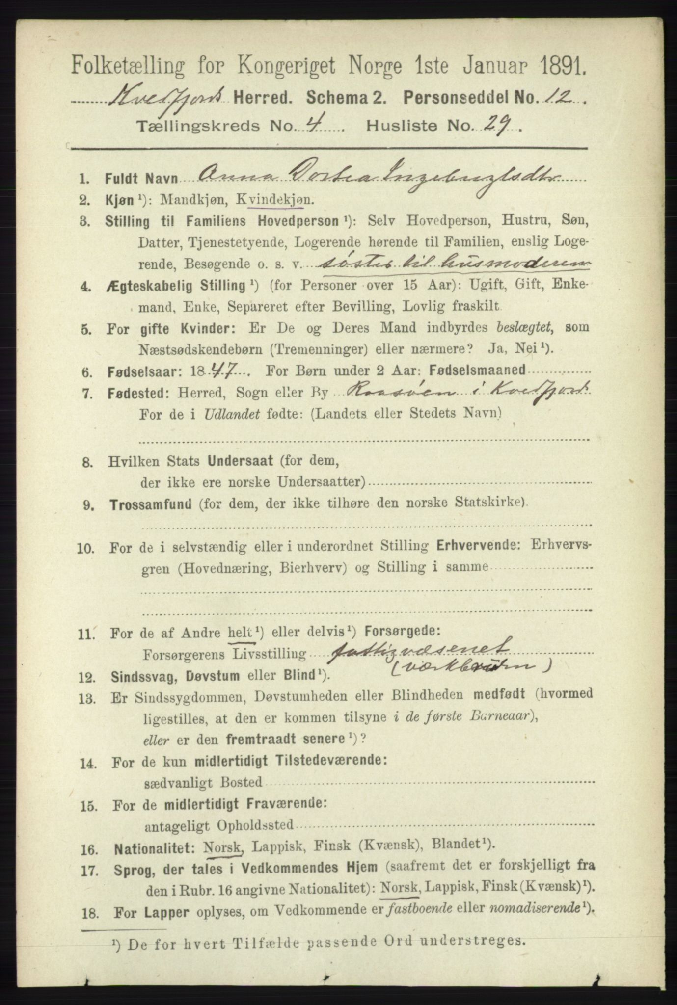 RA, 1891 census for 1911 Kvæfjord, 1891, p. 2085