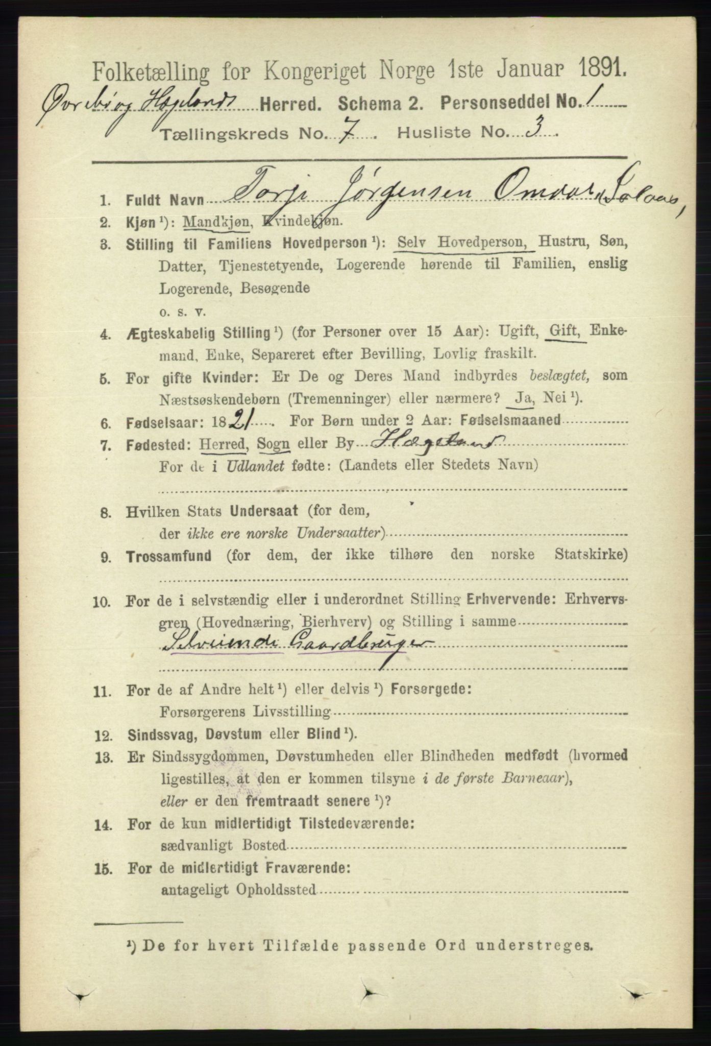 RA, 1891 census for 1016 Øvrebø og Hægeland, 1891, p. 1351