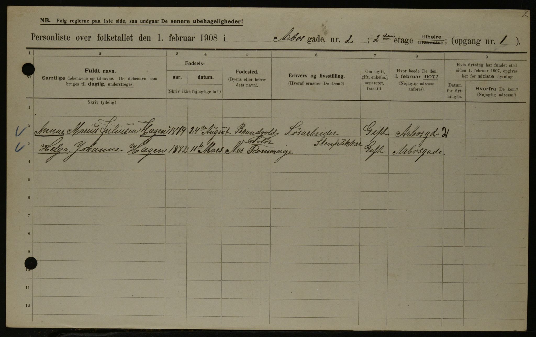 OBA, Municipal Census 1908 for Kristiania, 1908, p. 2034