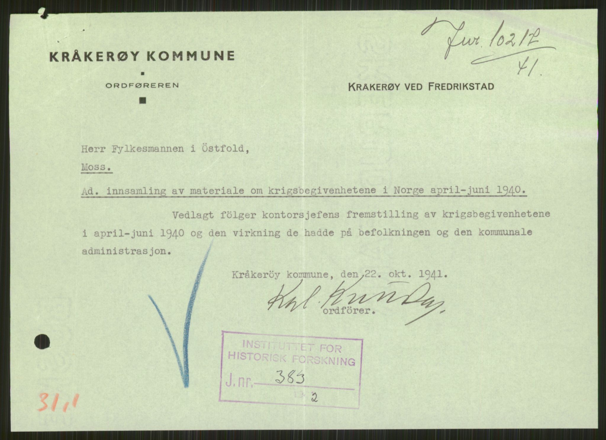 Forsvaret, Forsvarets krigshistoriske avdeling, RA/RAFA-2017/Y/Ya/L0013: II-C-11-31 - Fylkesmenn.  Rapporter om krigsbegivenhetene 1940., 1940, p. 96