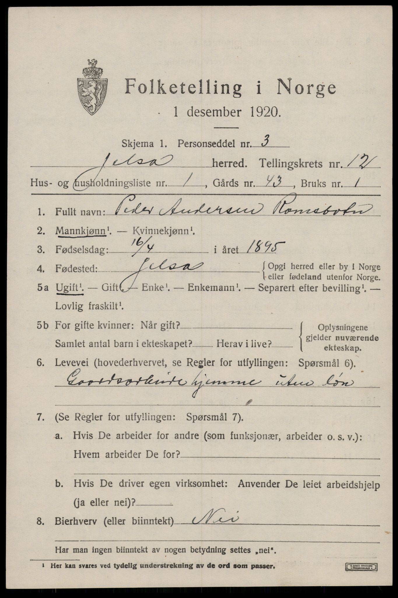 SAST, 1920 census for Jelsa, 1920, p. 3312