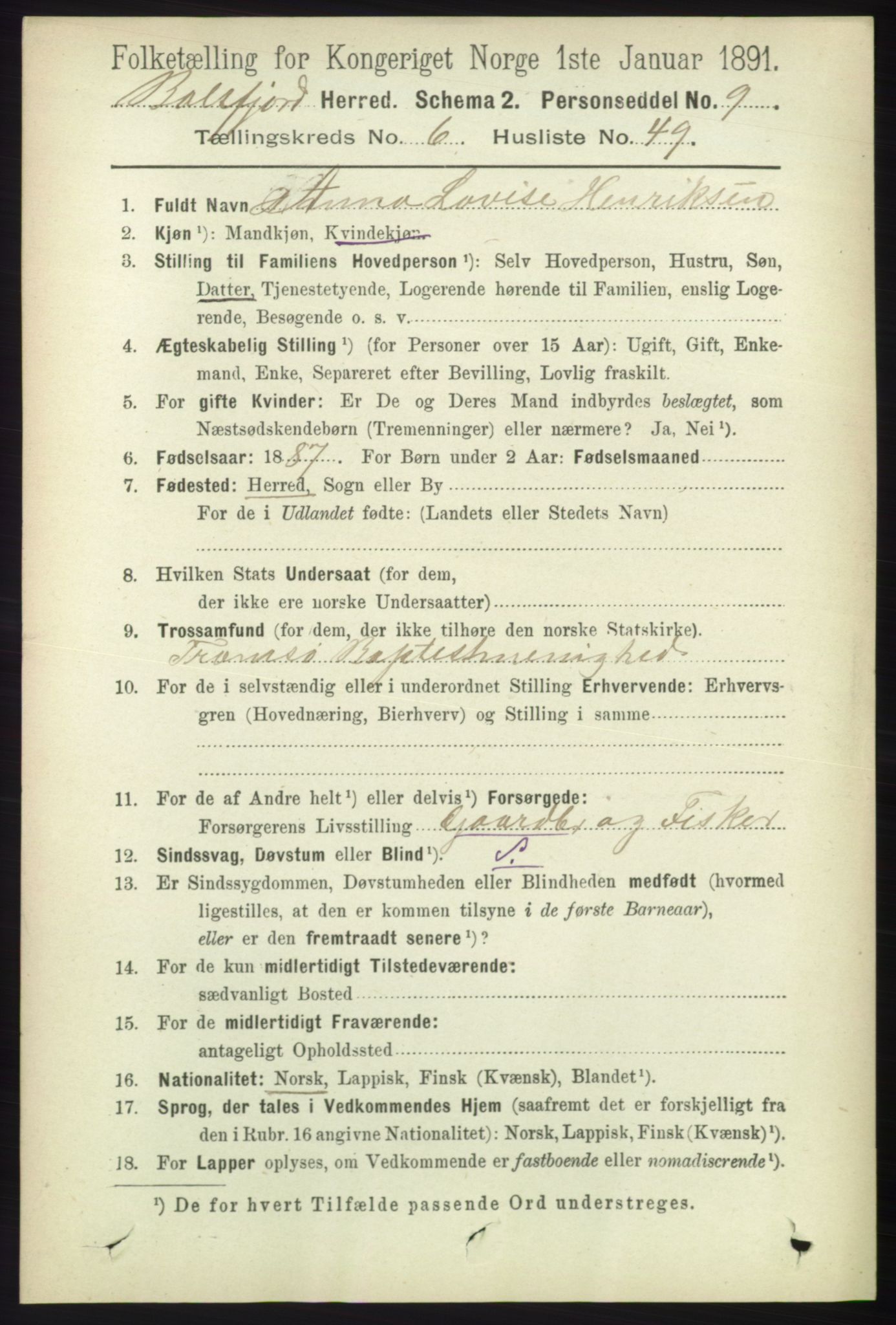 RA, 1891 census for 1933 Balsfjord, 1891, p. 1965