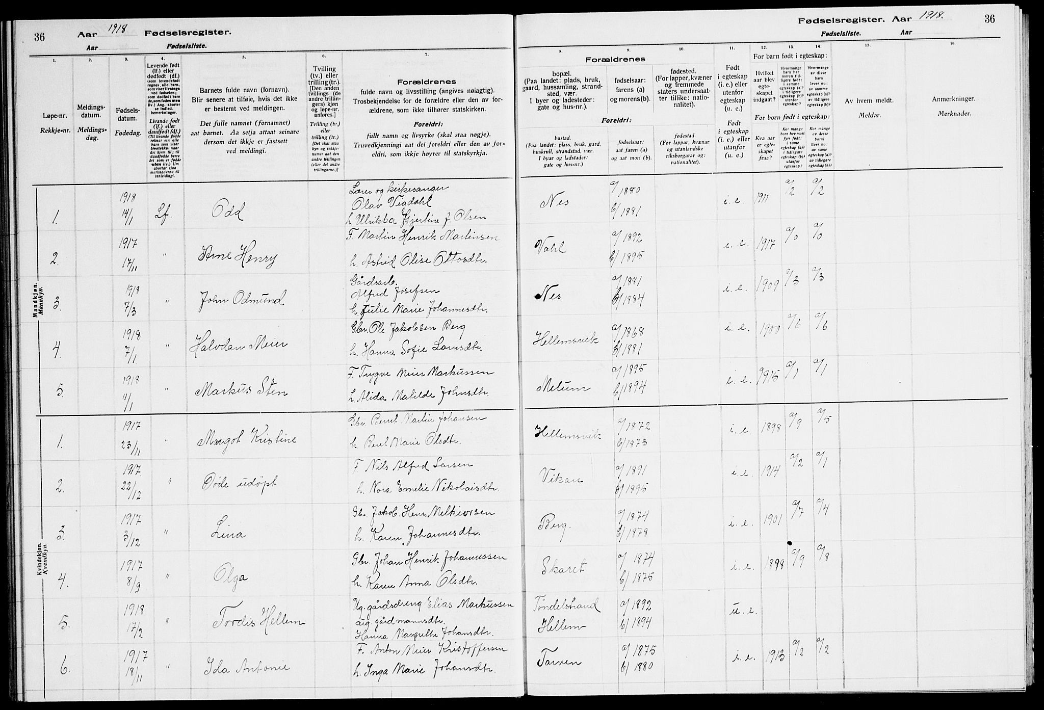 Ministerialprotokoller, klokkerbøker og fødselsregistre - Sør-Trøndelag, SAT/A-1456/651/L0650: Birth register no. 651.II.4.1, 1916-1923, p. 36
