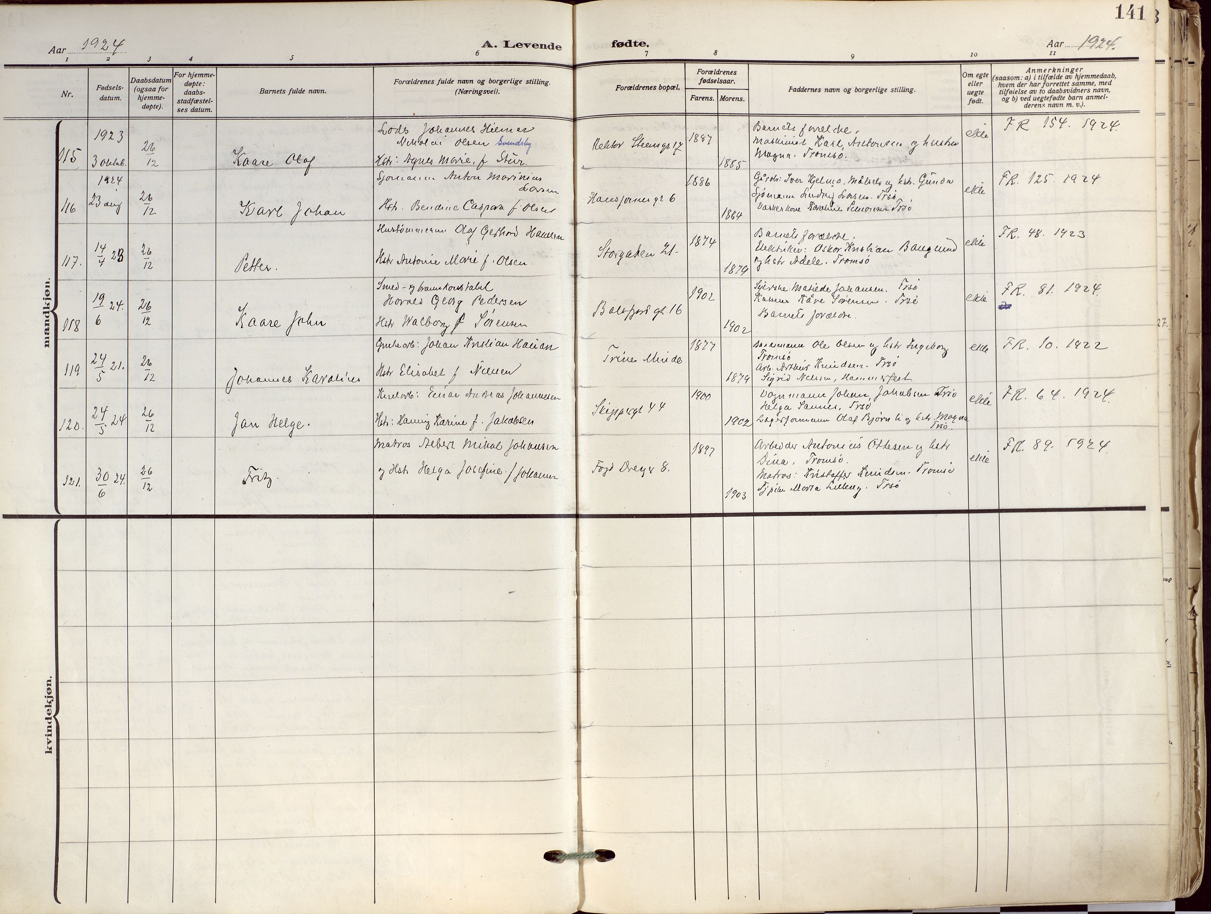 Tromsø sokneprestkontor/stiftsprosti/domprosti, AV/SATØ-S-1343/G/Ga/L0019kirke: Parish register (official) no. 19, 1917-1927, p. 141