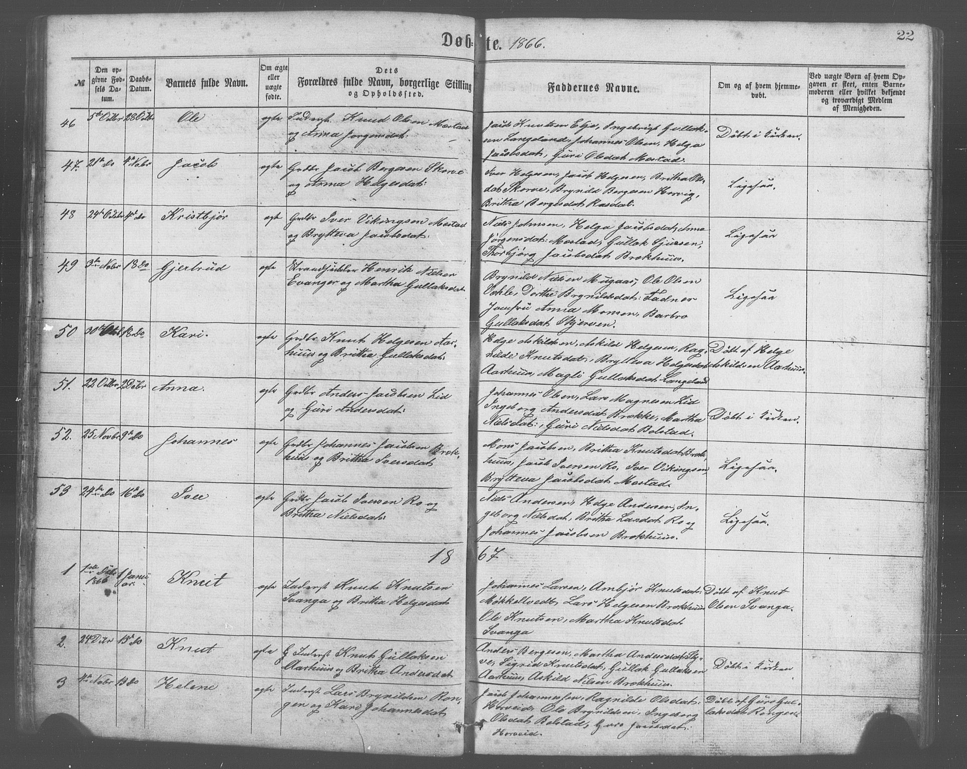 Evanger sokneprestembete, SAB/A-99924: Parish register (copy) no. A 2, 1863-1879, p. 22