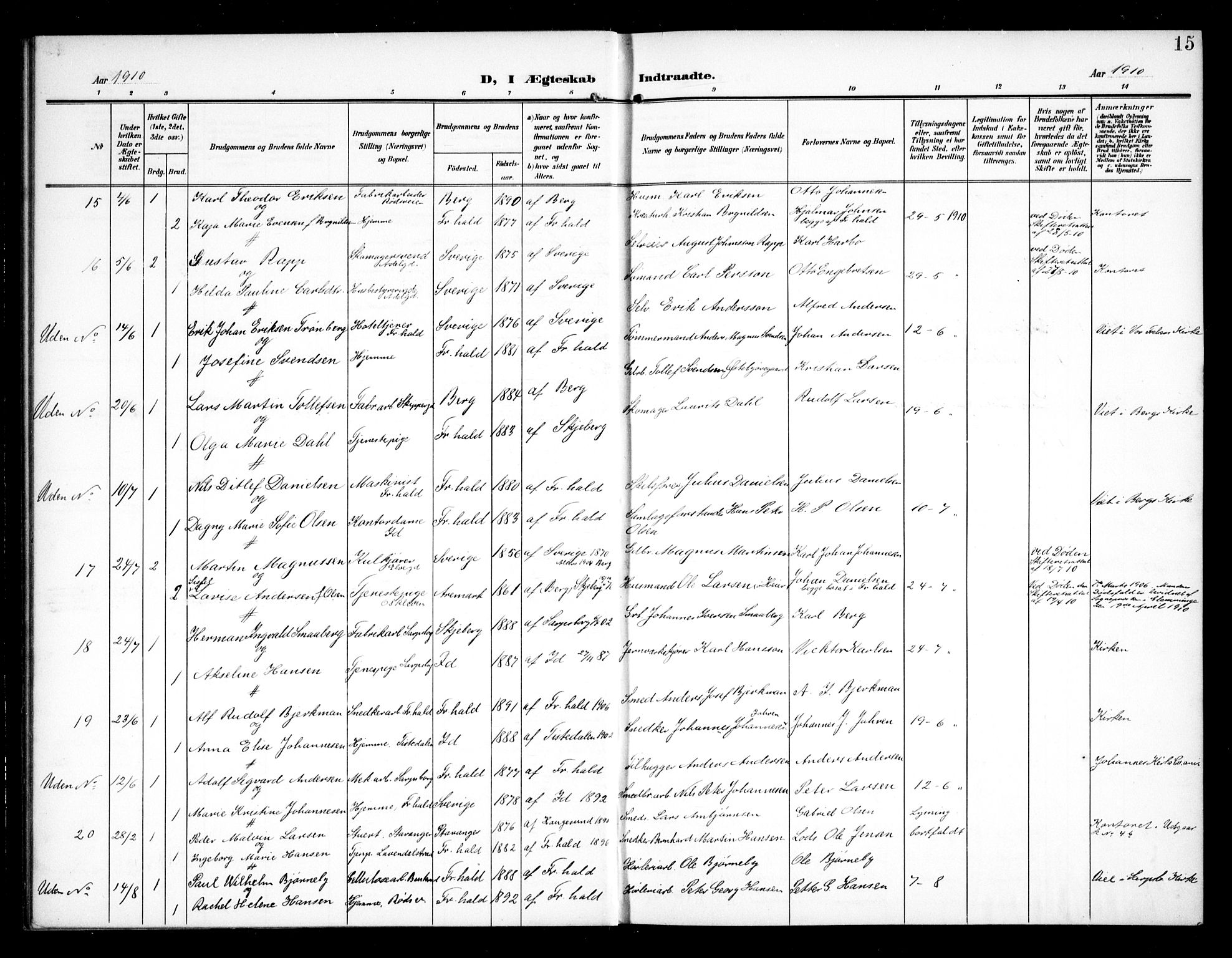 Halden prestekontor Kirkebøker, AV/SAO-A-10909/G/Ga/L0011: Parish register (copy) no. 11, 1906-1934, p. 15