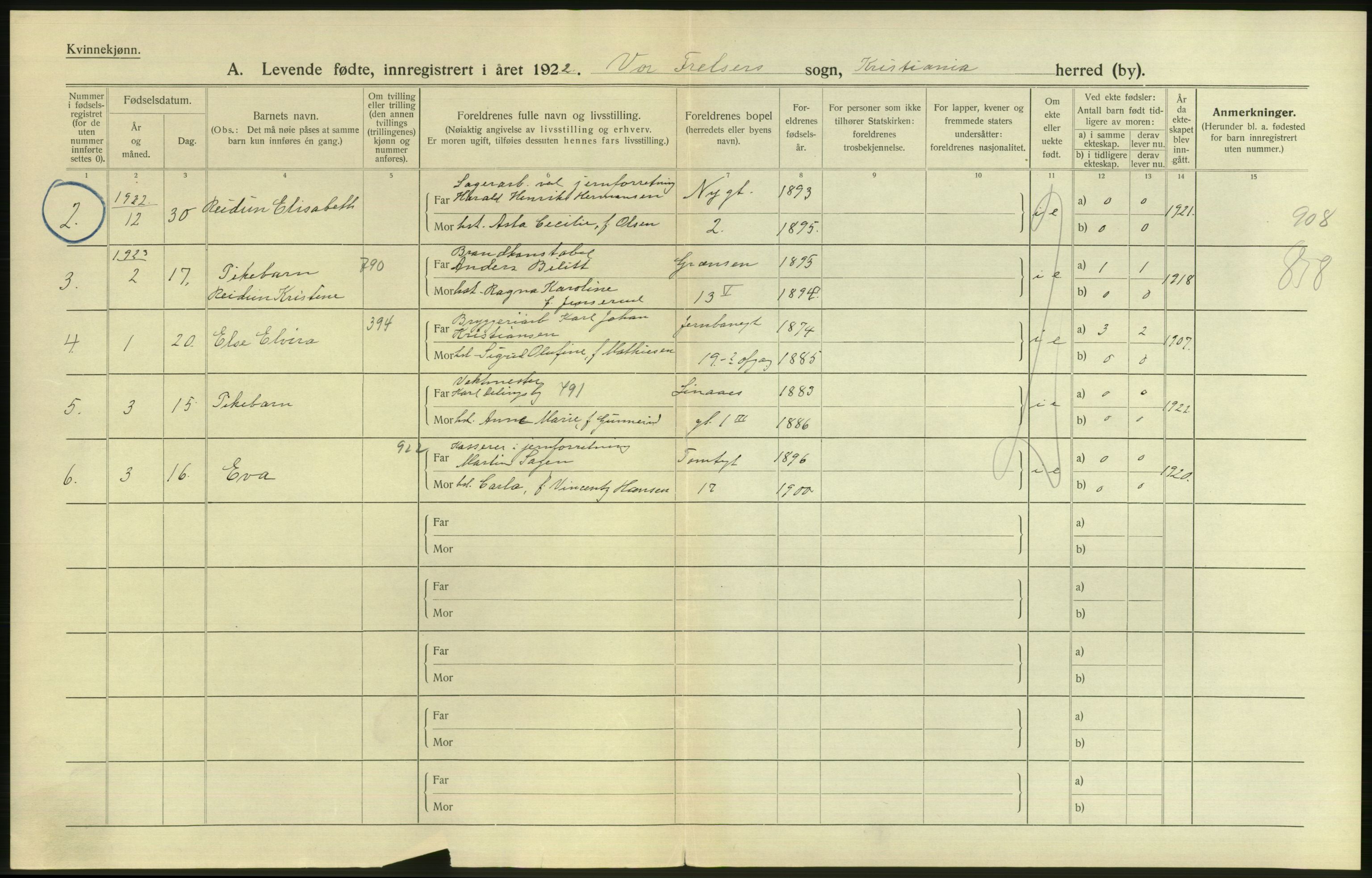 Statistisk sentralbyrå, Sosiodemografiske emner, Befolkning, AV/RA-S-2228/D/Df/Dfc/Dfcc/L0006: Kristiania: Levendefødte menn og kvinner., 1923, p. 788