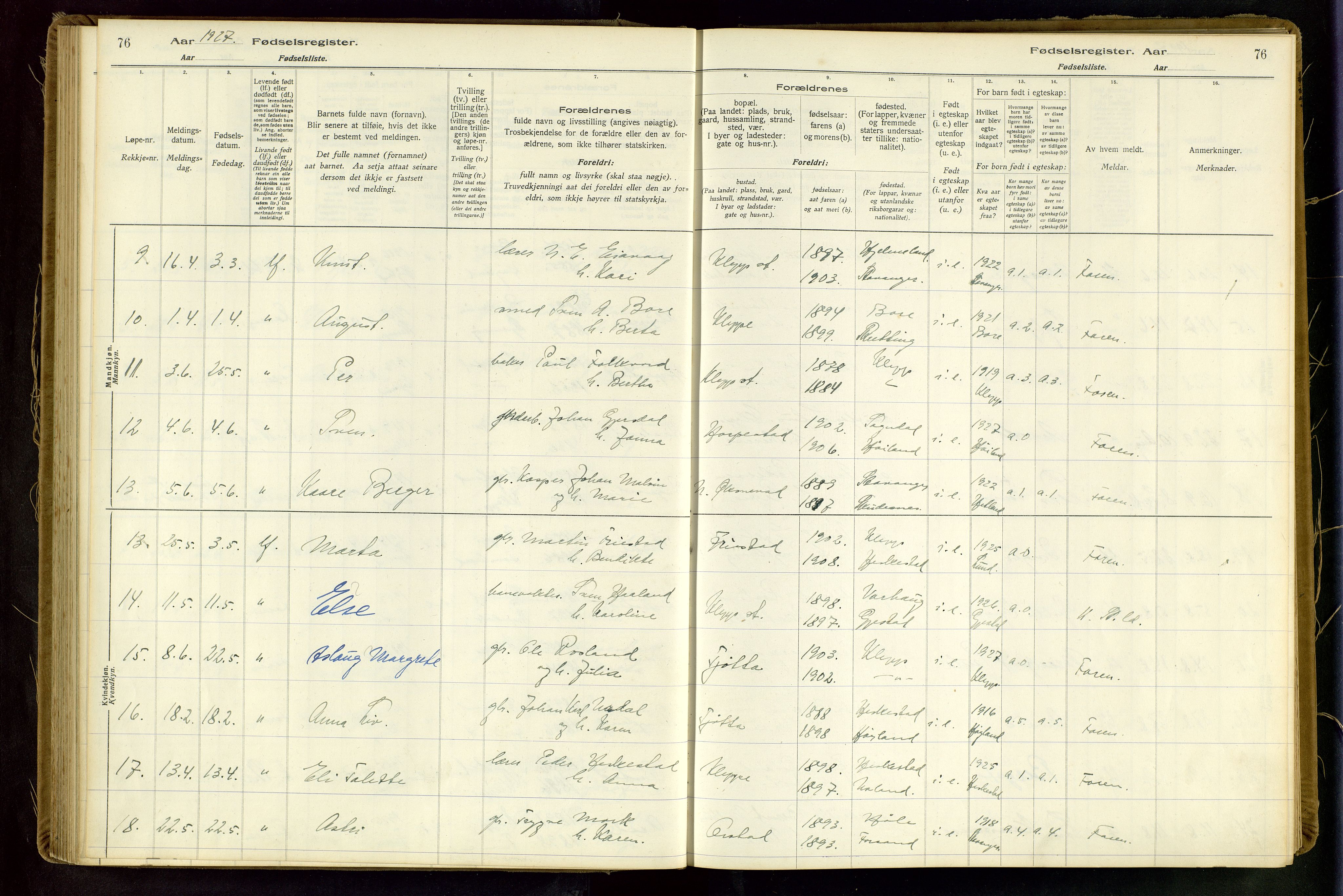 Klepp sokneprestkontor, AV/SAST-A-101803/001/704BAA/L0001: Birth register no. 1, 1916-1948, p. 76