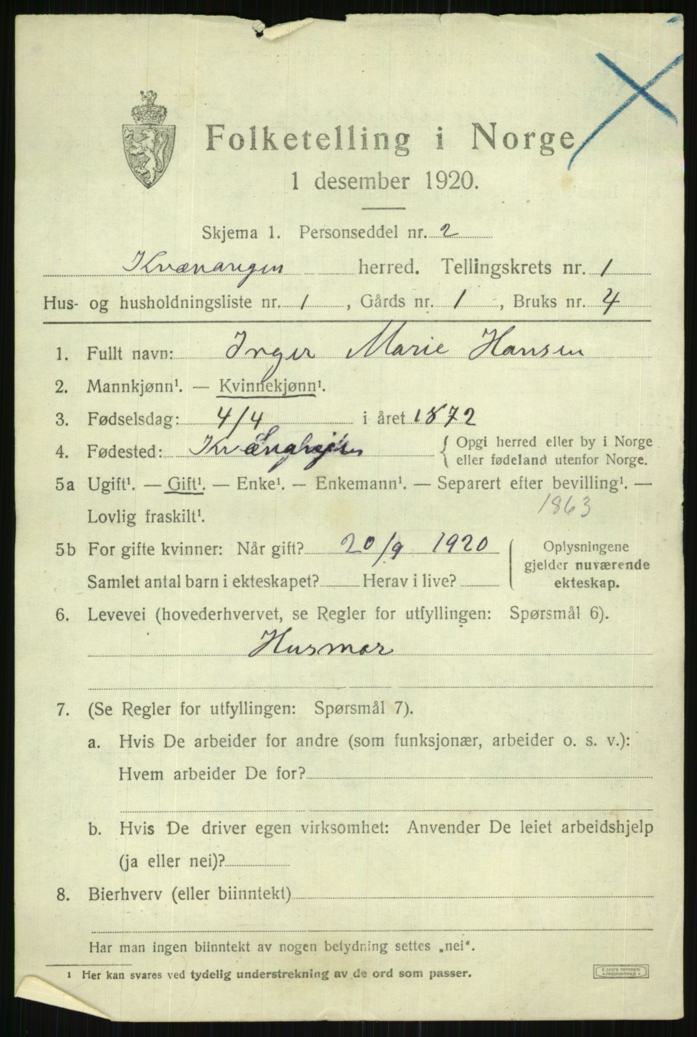 SATØ, 1920 census for Kvænangen, 1920, p. 602