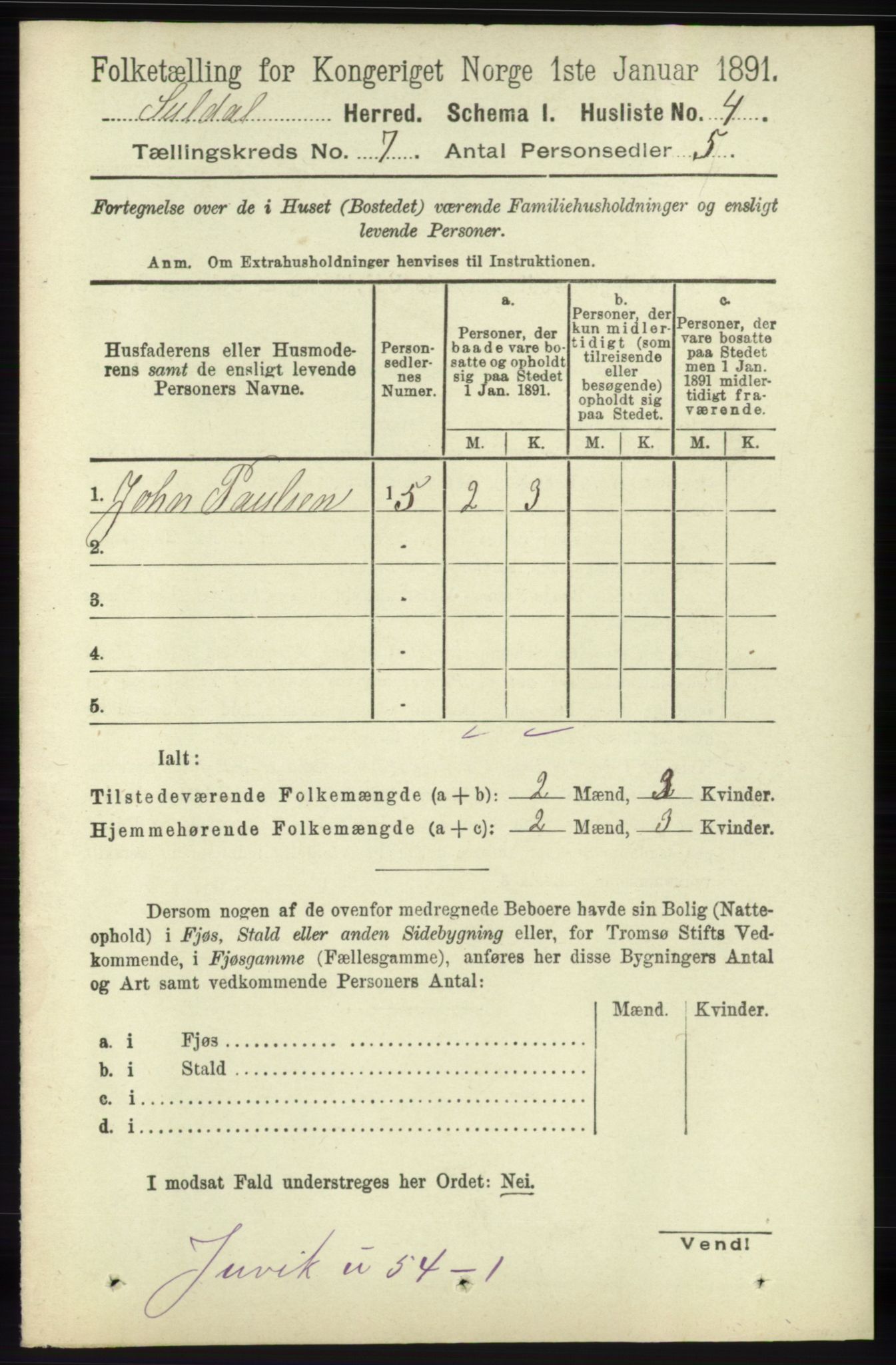 RA, 1891 census for 1134 Suldal, 1891, p. 1942