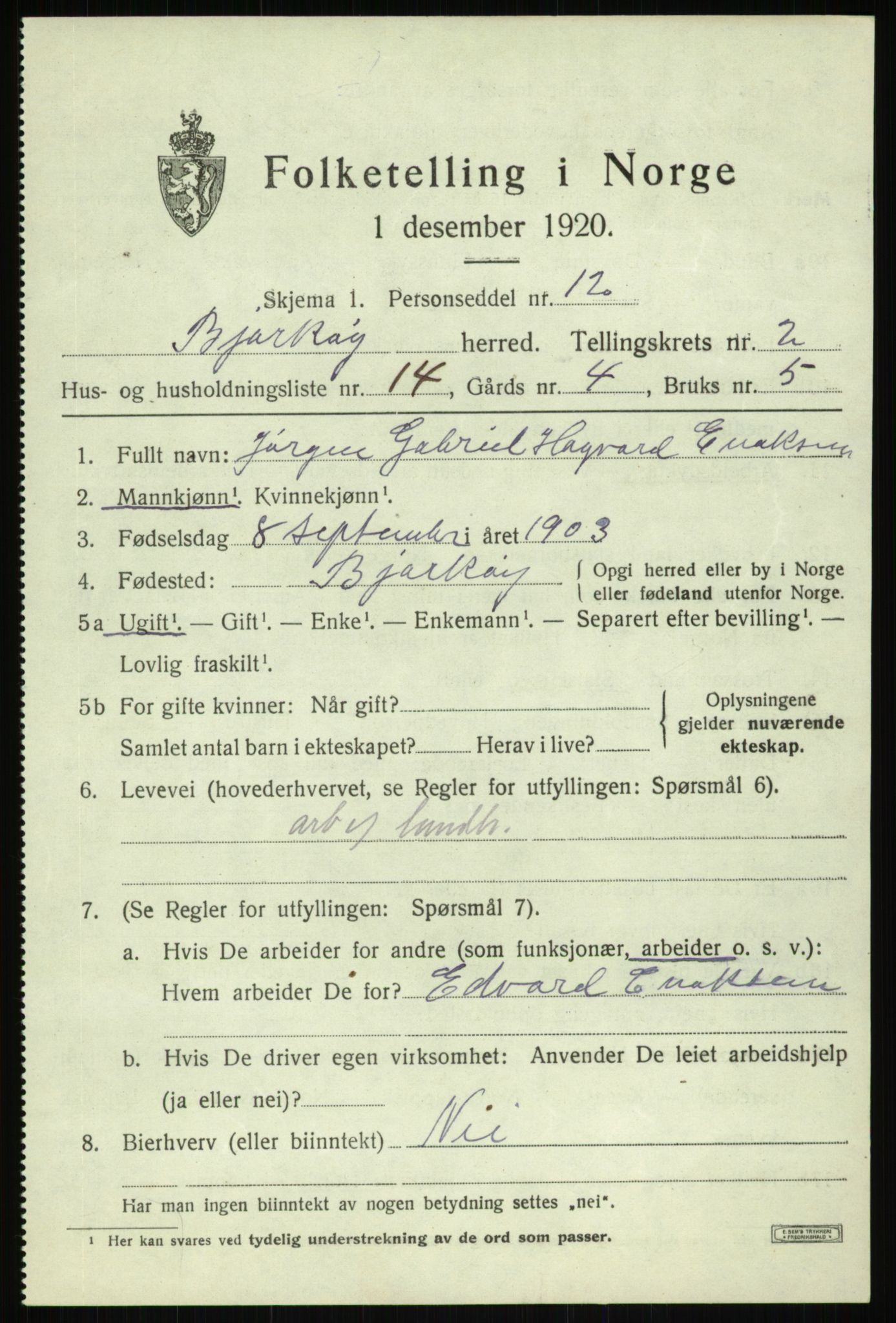 SATØ, 1920 census for Bjarkøy, 1920, p. 1259