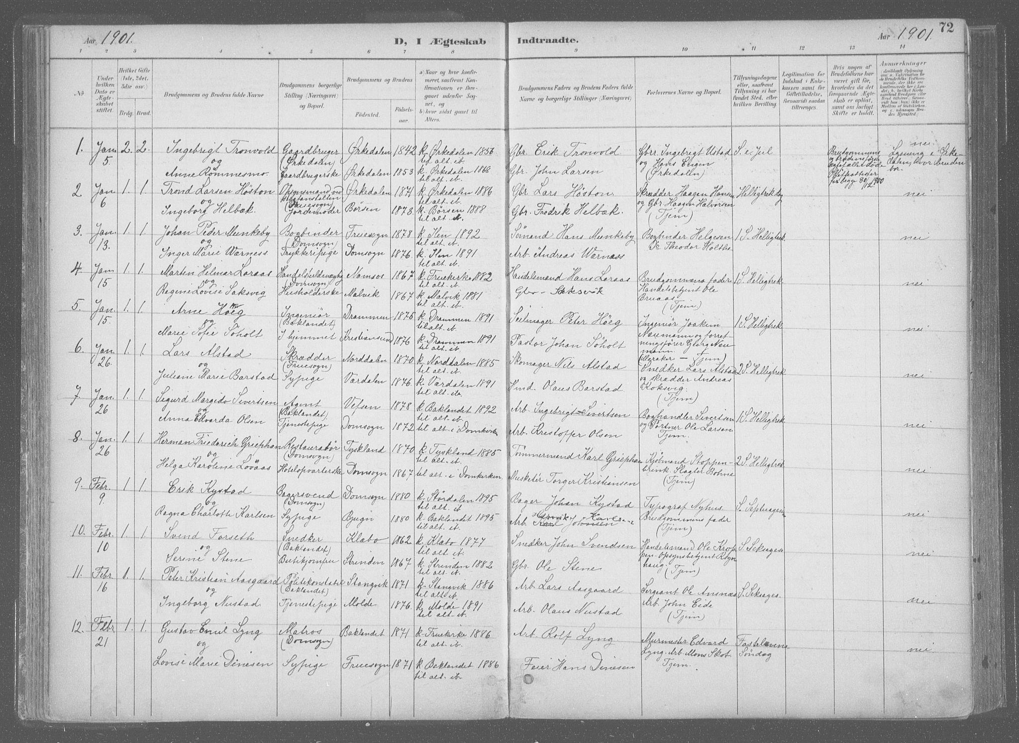 Ministerialprotokoller, klokkerbøker og fødselsregistre - Sør-Trøndelag, SAT/A-1456/601/L0064: Parish register (official) no. 601A31, 1891-1911, p. 72