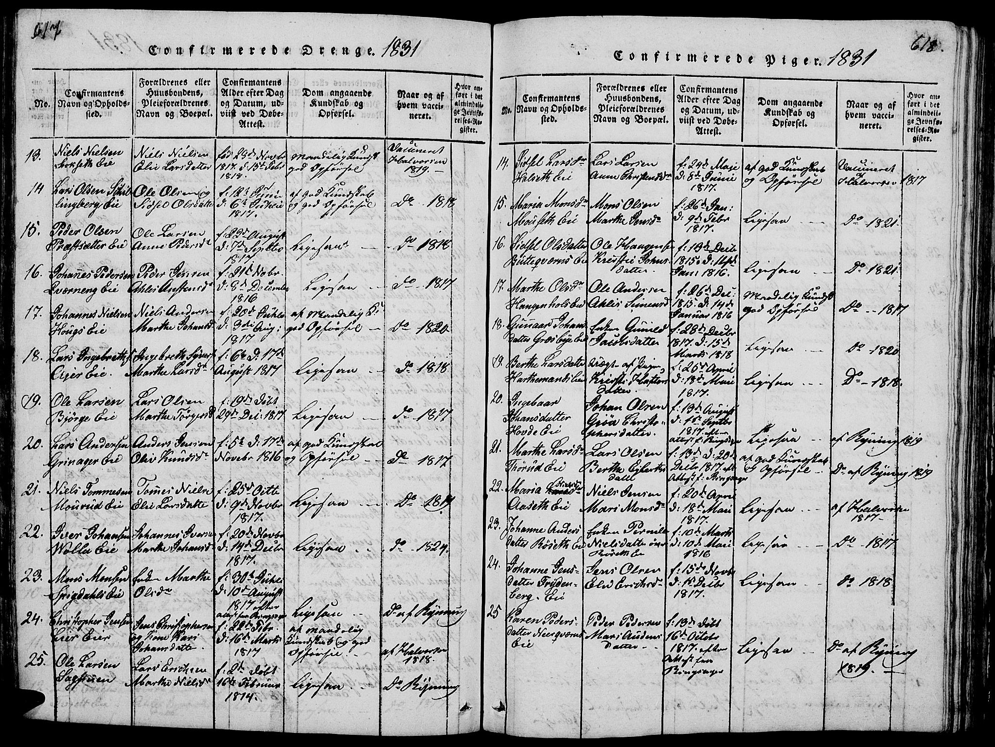 Vang prestekontor, Hedmark, SAH/PREST-008/H/Ha/Hab/L0005: Parish register (copy) no. 5, 1815-1836, p. 617-618