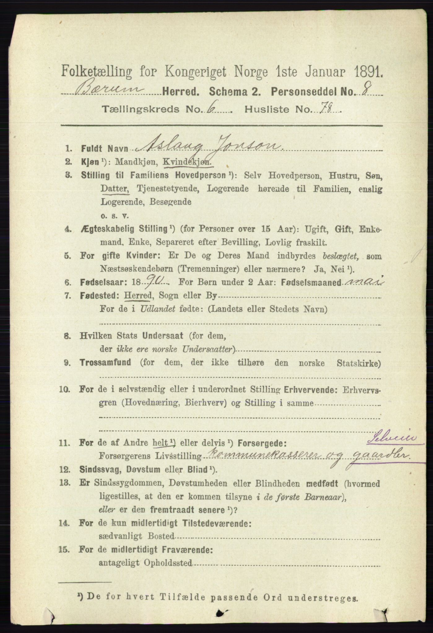 RA, 1891 census for 0219 Bærum, 1891, p. 4031