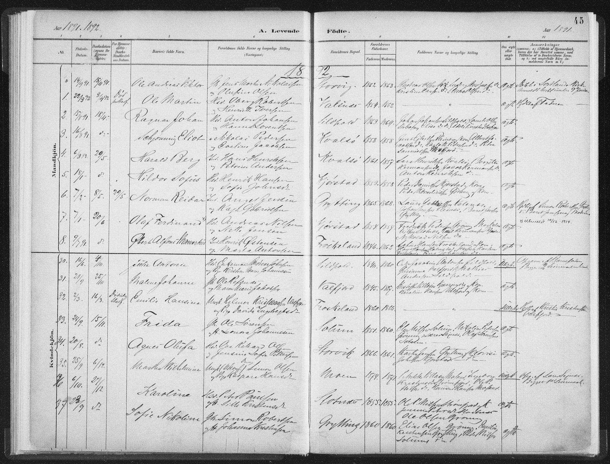 Ministerialprotokoller, klokkerbøker og fødselsregistre - Nordland, SAT/A-1459/890/L1286: Parish register (official) no. 890A01, 1882-1902, p. 45