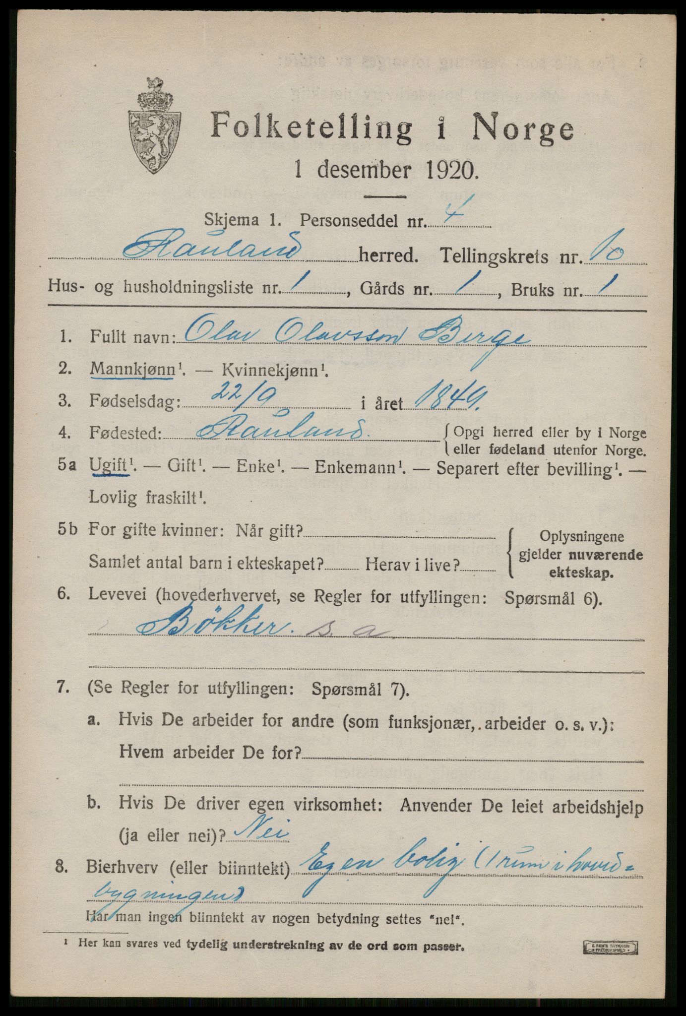 SAKO, 1920 census for Rauland, 1920, p. 2090