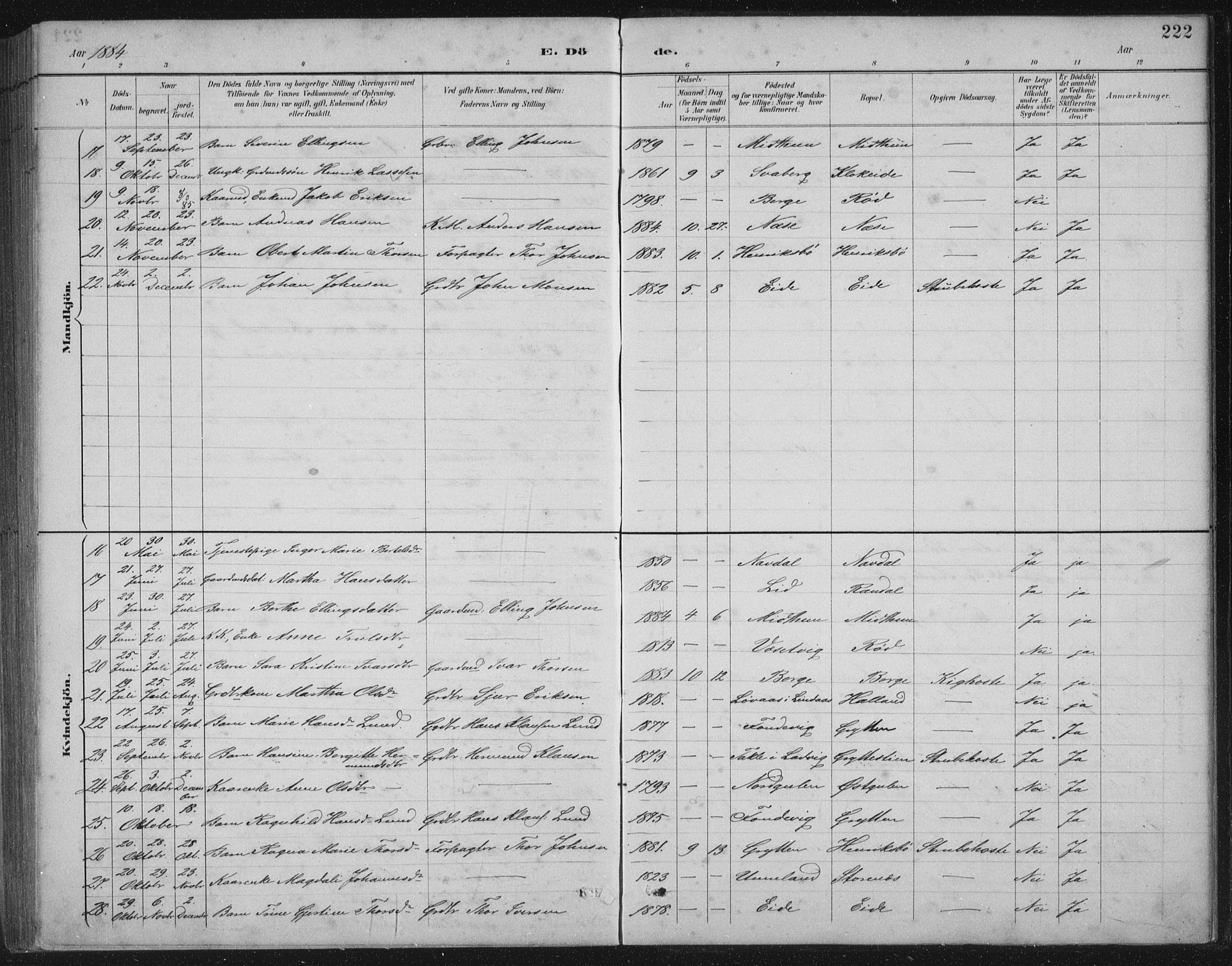 Gulen sokneprestembete, SAB/A-80201/H/Hab/Habb/L0003: Parish register (copy) no. B 3, 1884-1907, p. 222