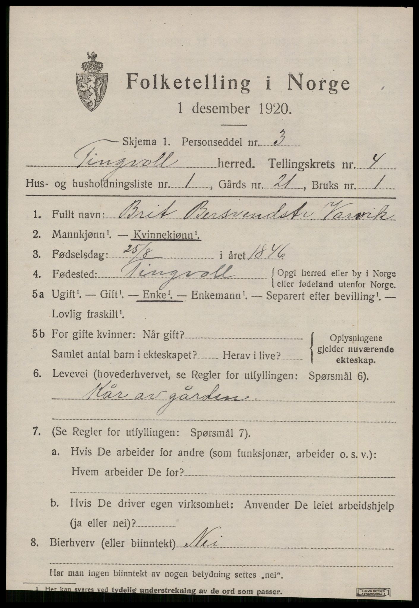 SAT, 1920 census for Tingvoll, 1920, p. 1804