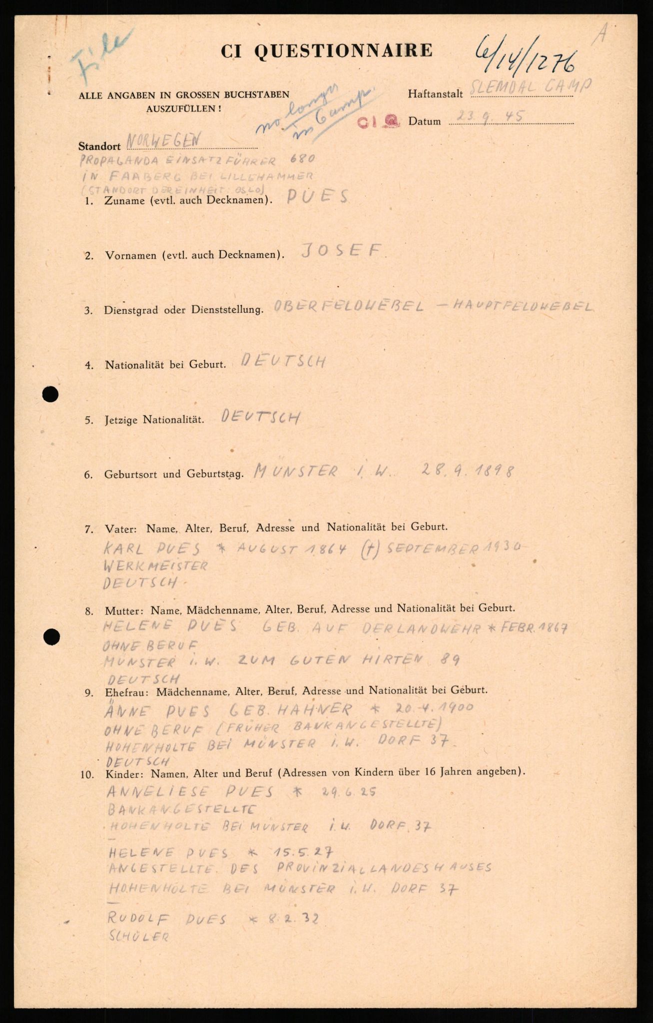 Forsvaret, Forsvarets overkommando II, AV/RA-RAFA-3915/D/Db/L0026: CI Questionaires. Tyske okkupasjonsstyrker i Norge. Tyskere., 1945-1946, p. 430