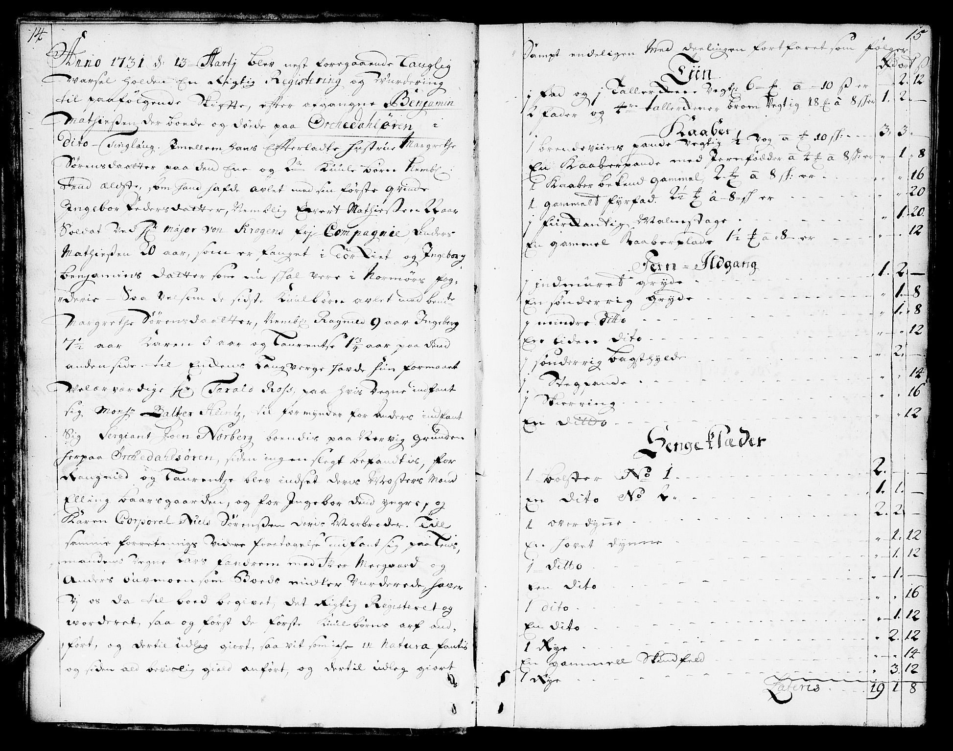Orkdal sorenskriveri, AV/SAT-A-4169/1/3/3Aa/L0003: Skifteprotokoller, 1731-1735, p. 14-15