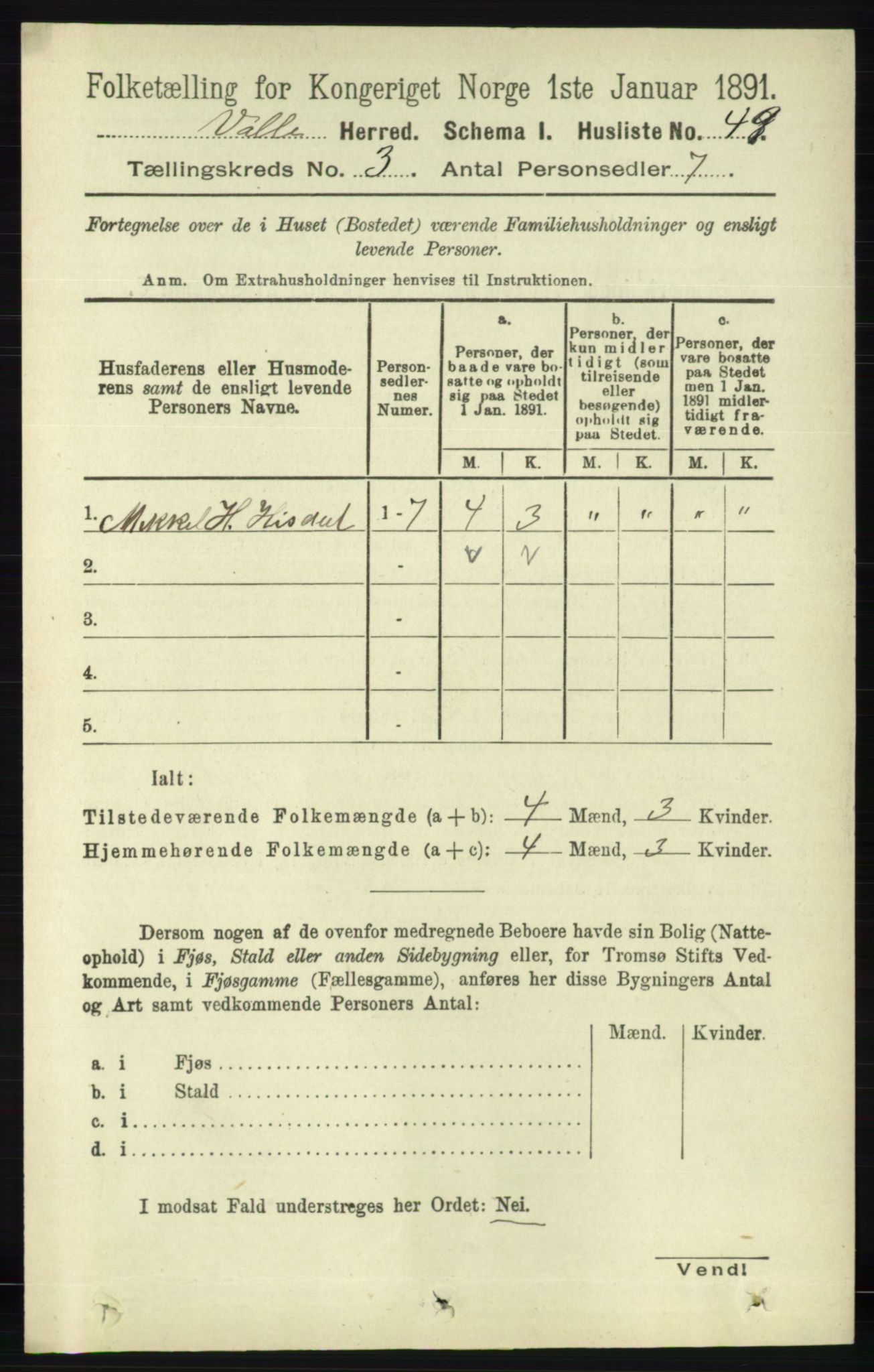 RA, 1891 census for 0940 Valle, 1891, p. 678