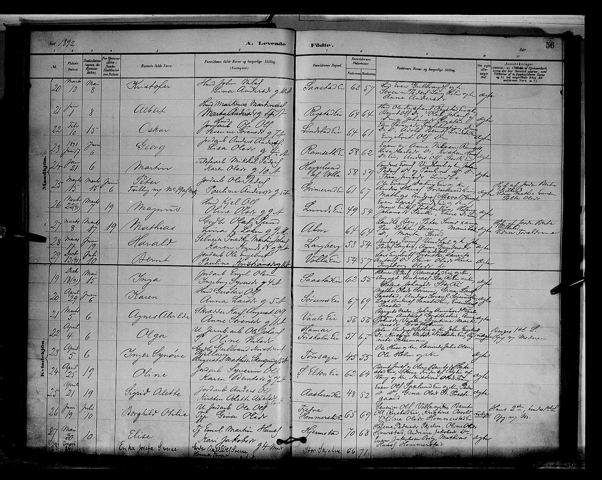 Stange prestekontor, AV/SAH-PREST-002/L/L0009: Parish register (copy) no. 9, 1883-1899, p. 56