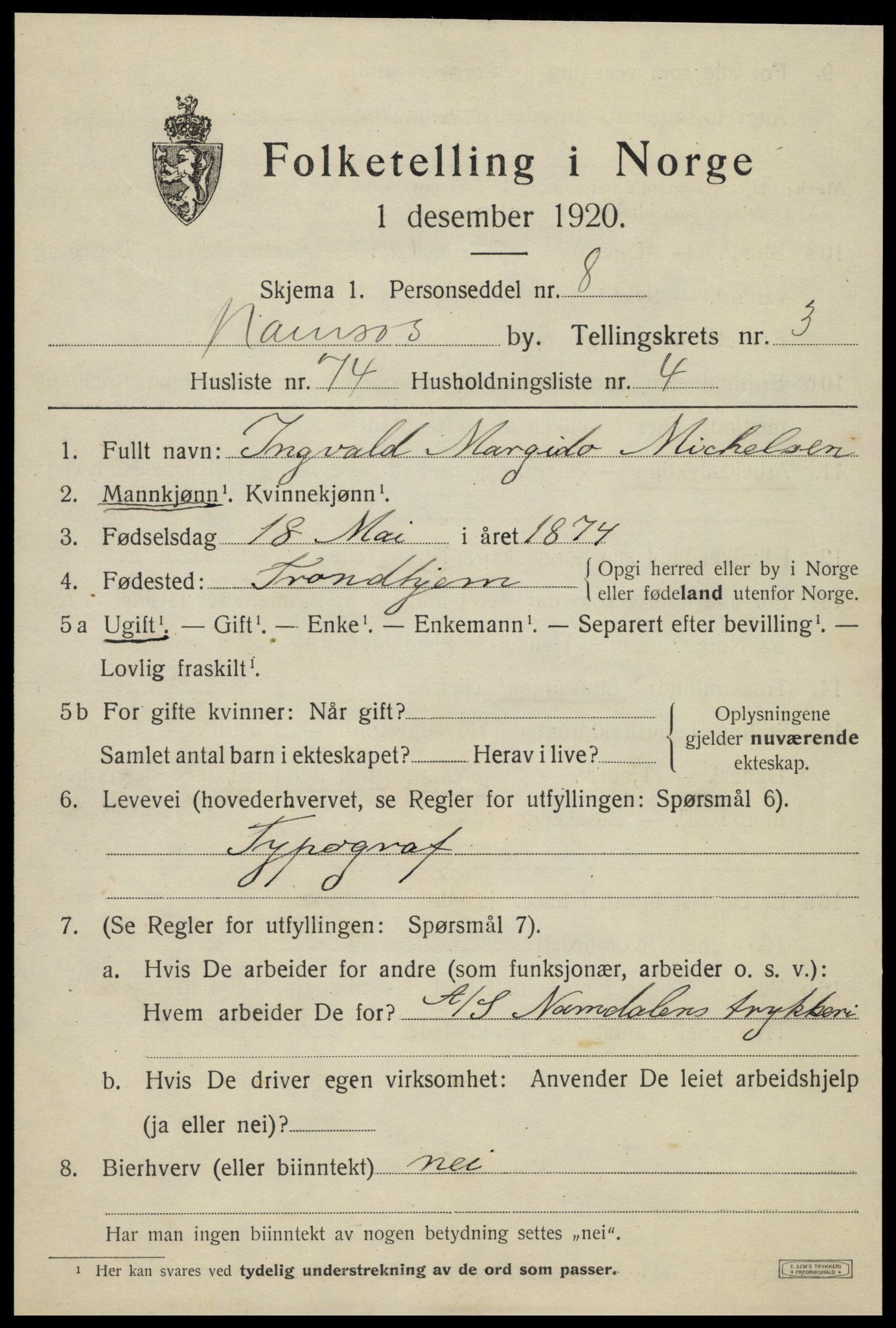 SAT, 1920 census for Namsos, 1920, p. 4835