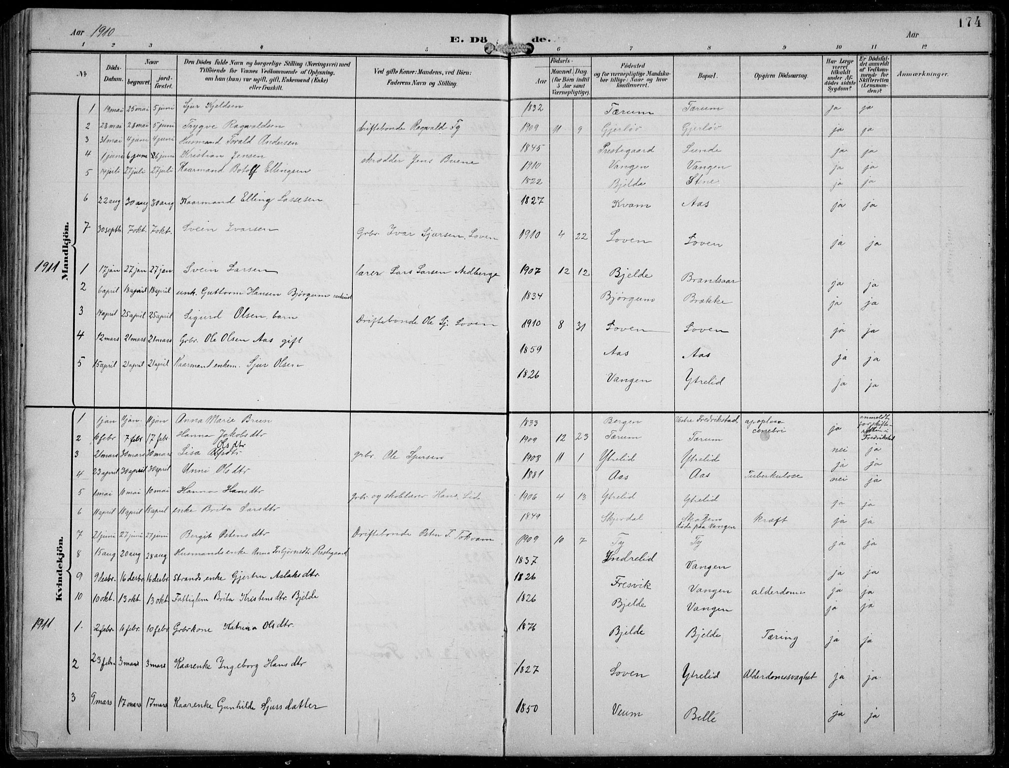 Aurland sokneprestembete, AV/SAB-A-99937/H/Hb/Hba/L0003: Parish register (copy) no. A 3, 1896-1939, p. 174