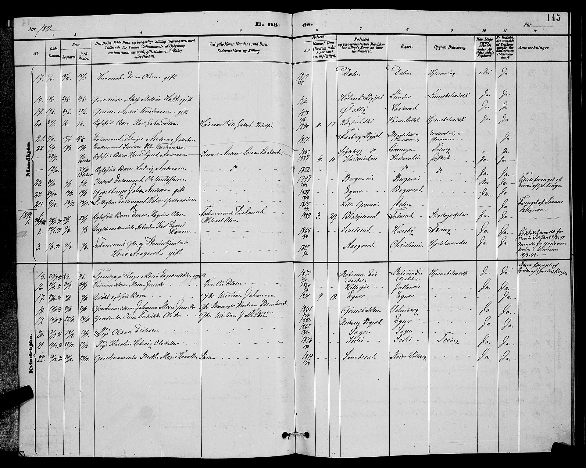 Sørum prestekontor Kirkebøker, AV/SAO-A-10303/G/Ga/L0005: Parish register (copy) no. I 5.1, 1886-1894, p. 145