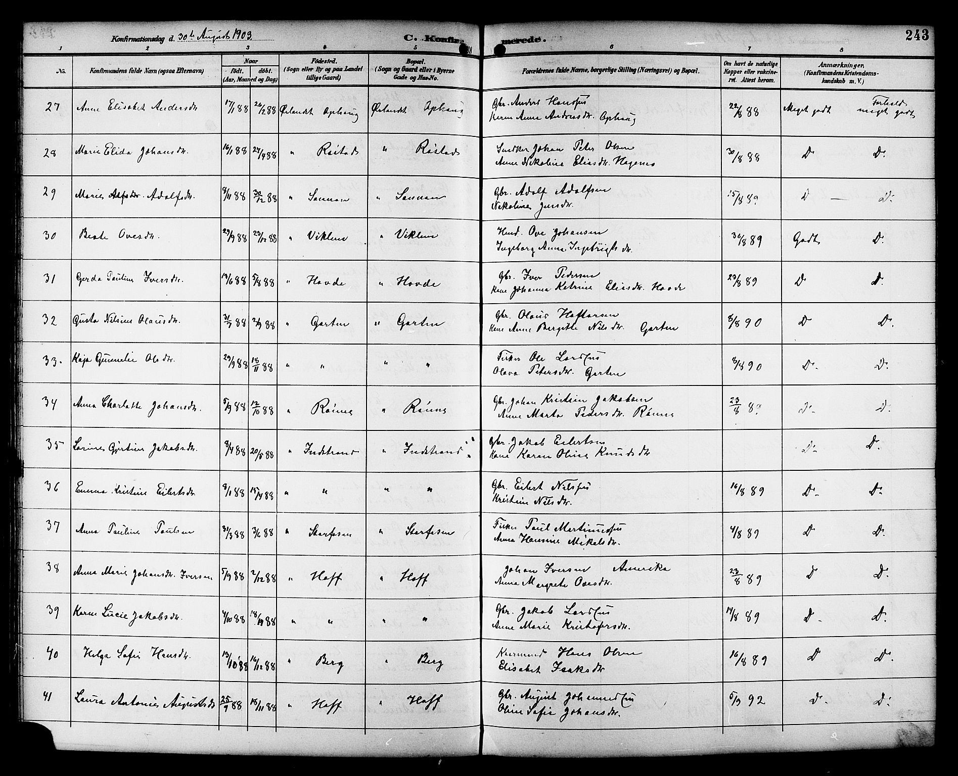 Ministerialprotokoller, klokkerbøker og fødselsregistre - Sør-Trøndelag, SAT/A-1456/659/L0746: Parish register (copy) no. 659C03, 1893-1912, p. 243
