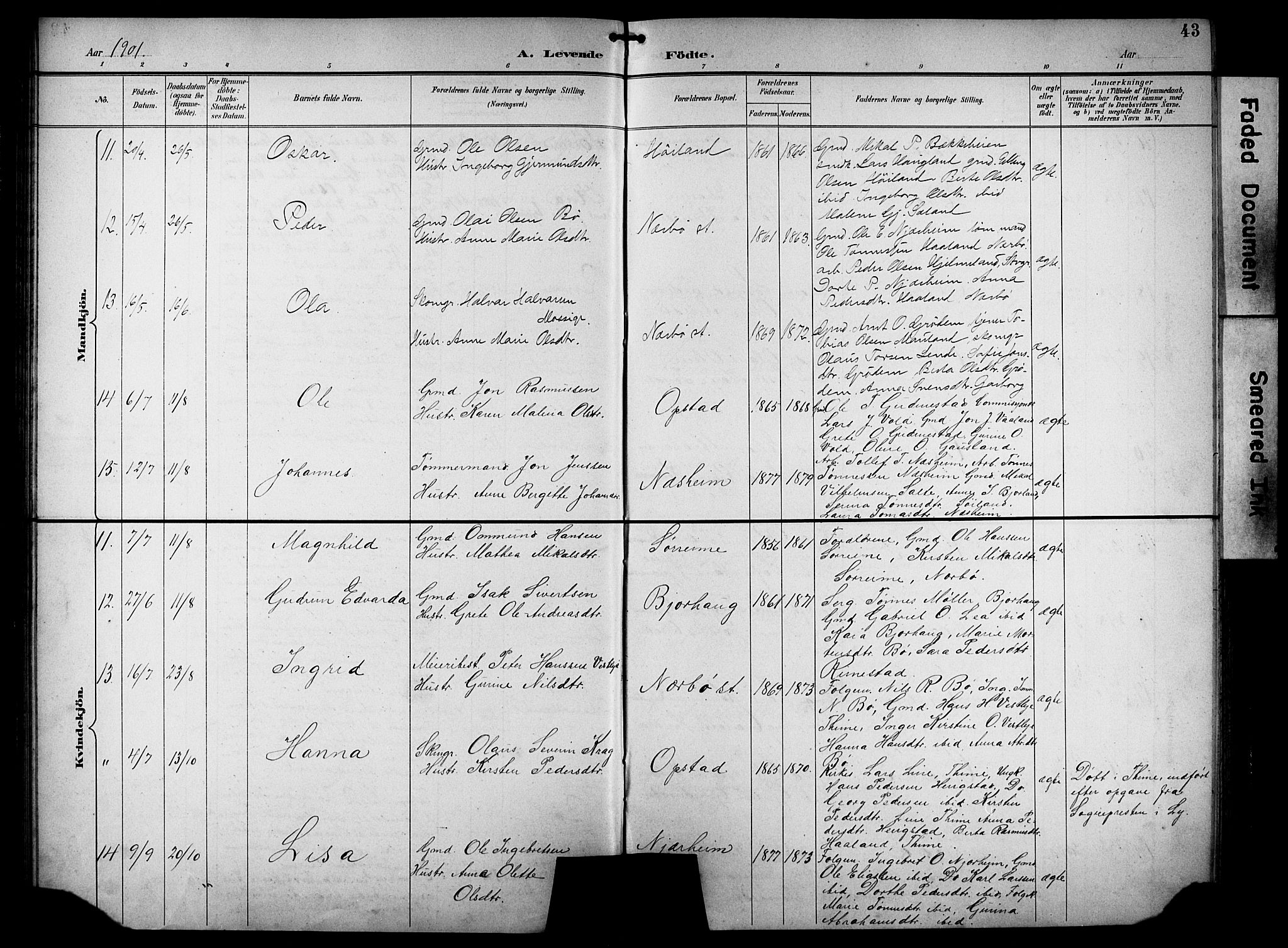 Hå sokneprestkontor, AV/SAST-A-101801/001/30BB/L0005: Parish register (copy) no. B 5, 1894-1912, p. 43