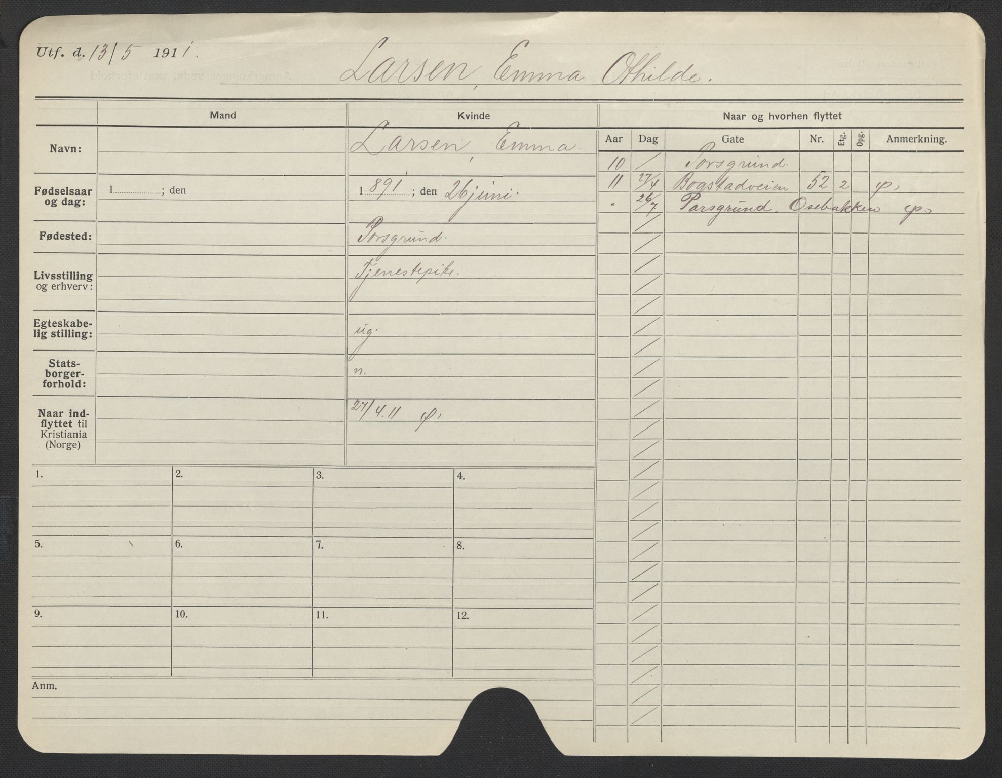 Oslo folkeregister, Registerkort, AV/SAO-A-11715/F/Fa/Fac/L0019: Kvinner, 1906-1914, p. 877a