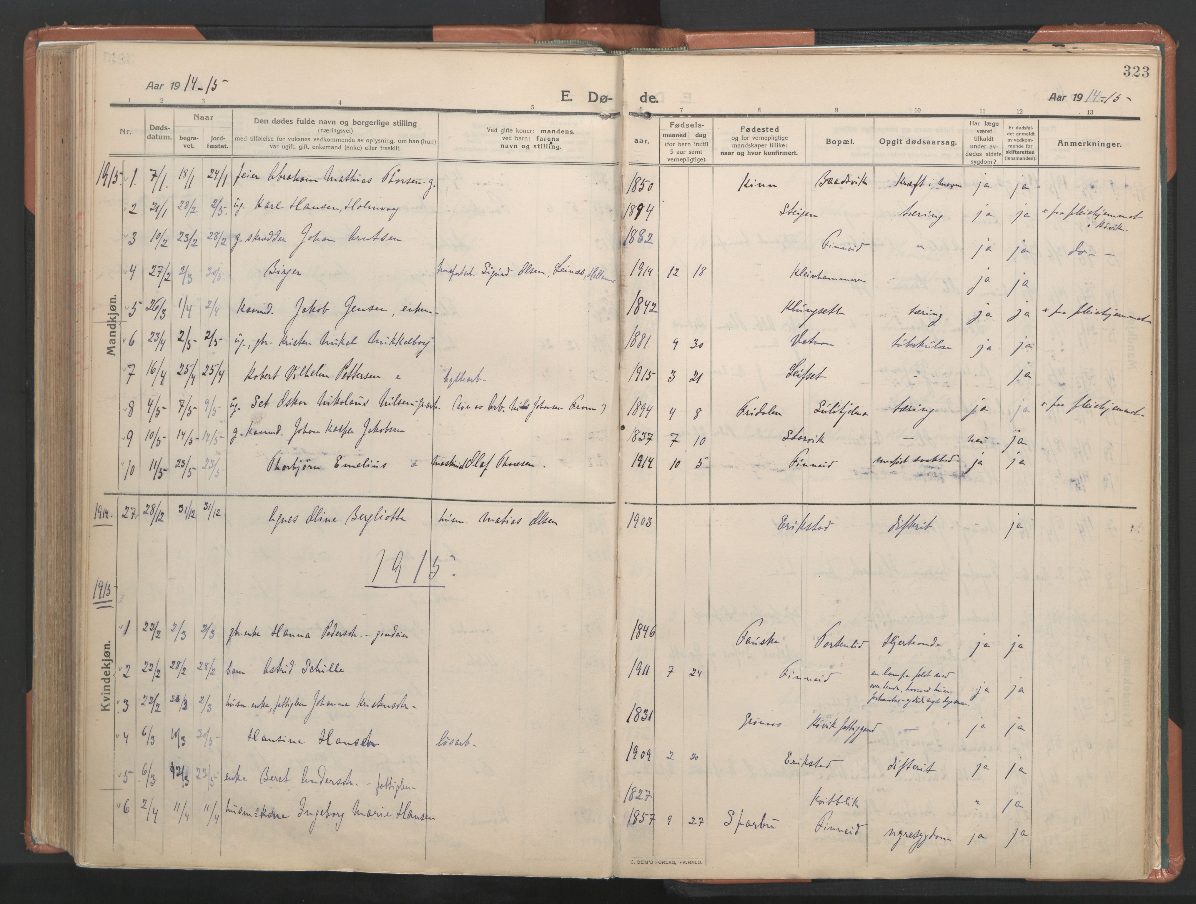 Ministerialprotokoller, klokkerbøker og fødselsregistre - Nordland, SAT/A-1459/849/L0698: Parish register (official) no. 849A09, 1911-1924, p. 323