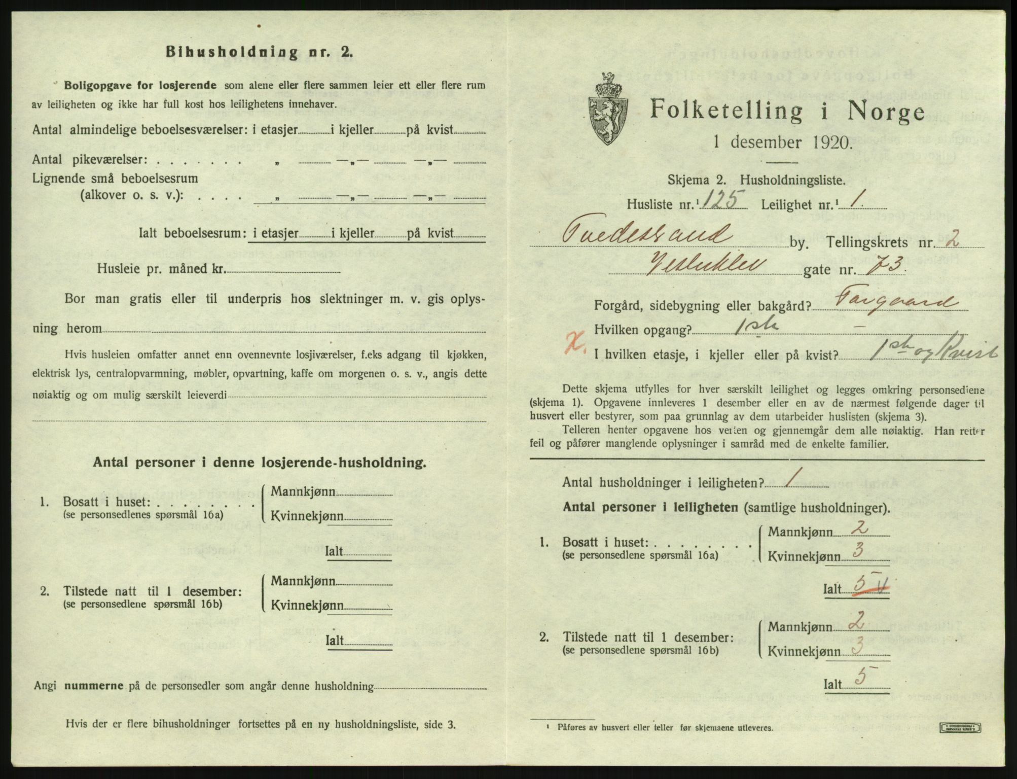 SAK, 1920 census for Tvedestrand, 1920, p. 1259