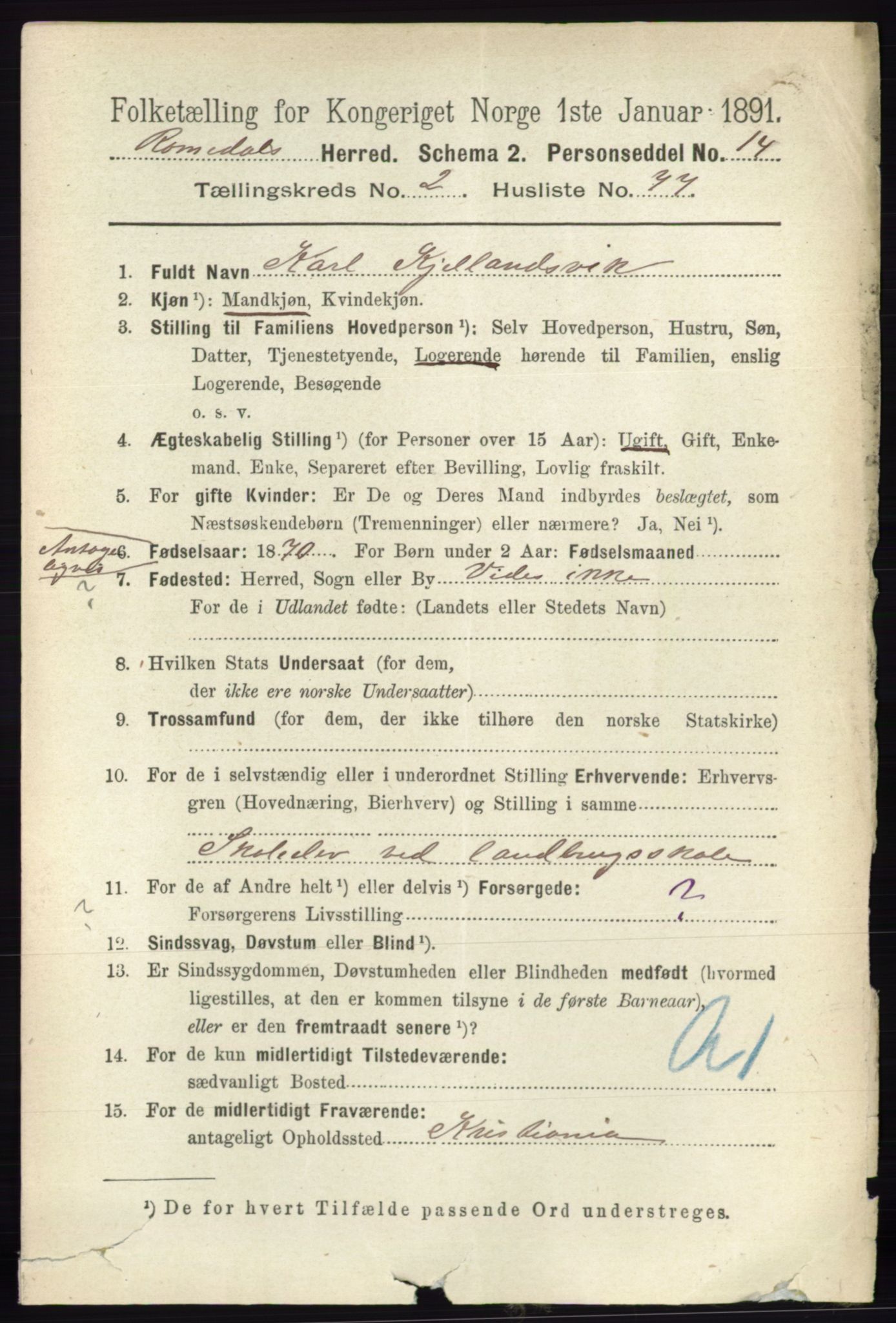 RA, 1891 census for 0416 Romedal, 1891, p. 1335