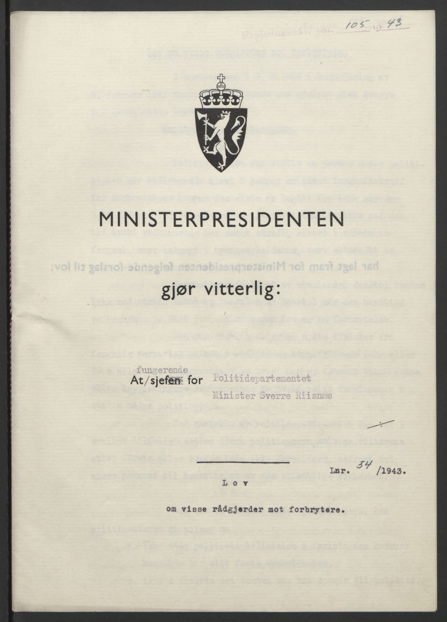 NS-administrasjonen 1940-1945 (Statsrådsekretariatet, de kommisariske statsråder mm), RA/S-4279/D/Db/L0099: Lover, 1943, p. 241