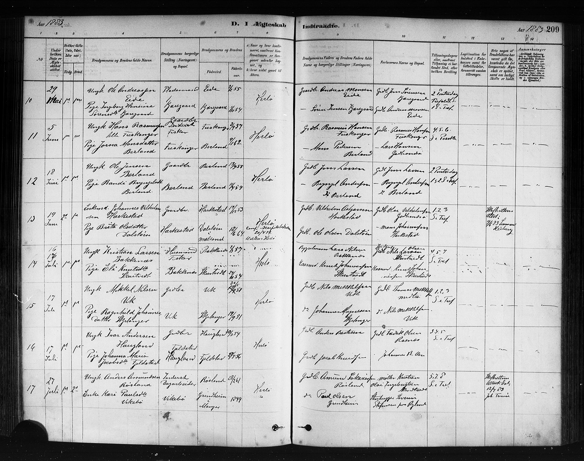 Herdla Sokneprestembete, AV/SAB-A-75701/H/Haa: Parish register (official) no. A 3, 1878-1890, p. 209