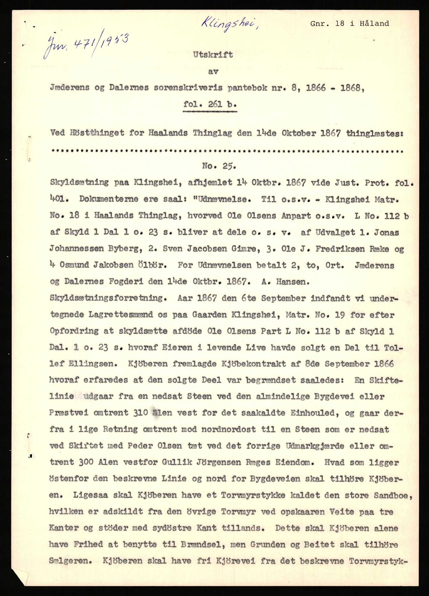 Statsarkivet i Stavanger, SAST/A-101971/03/Y/Yj/L0047: Avskrifter sortert etter gårdsnavn: Kirketeigen - Klovning, 1750-1930, p. 494