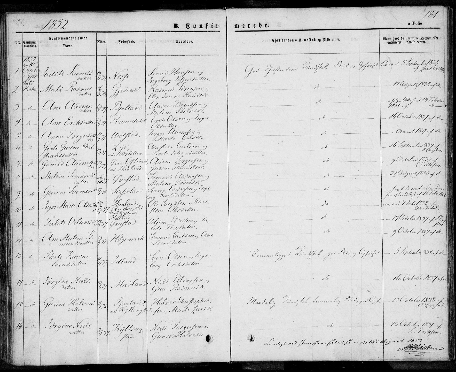 Lye sokneprestkontor, AV/SAST-A-101794/001/30BA/L0005: Parish register (official) no. A 5.1, 1842-1855, p. 181